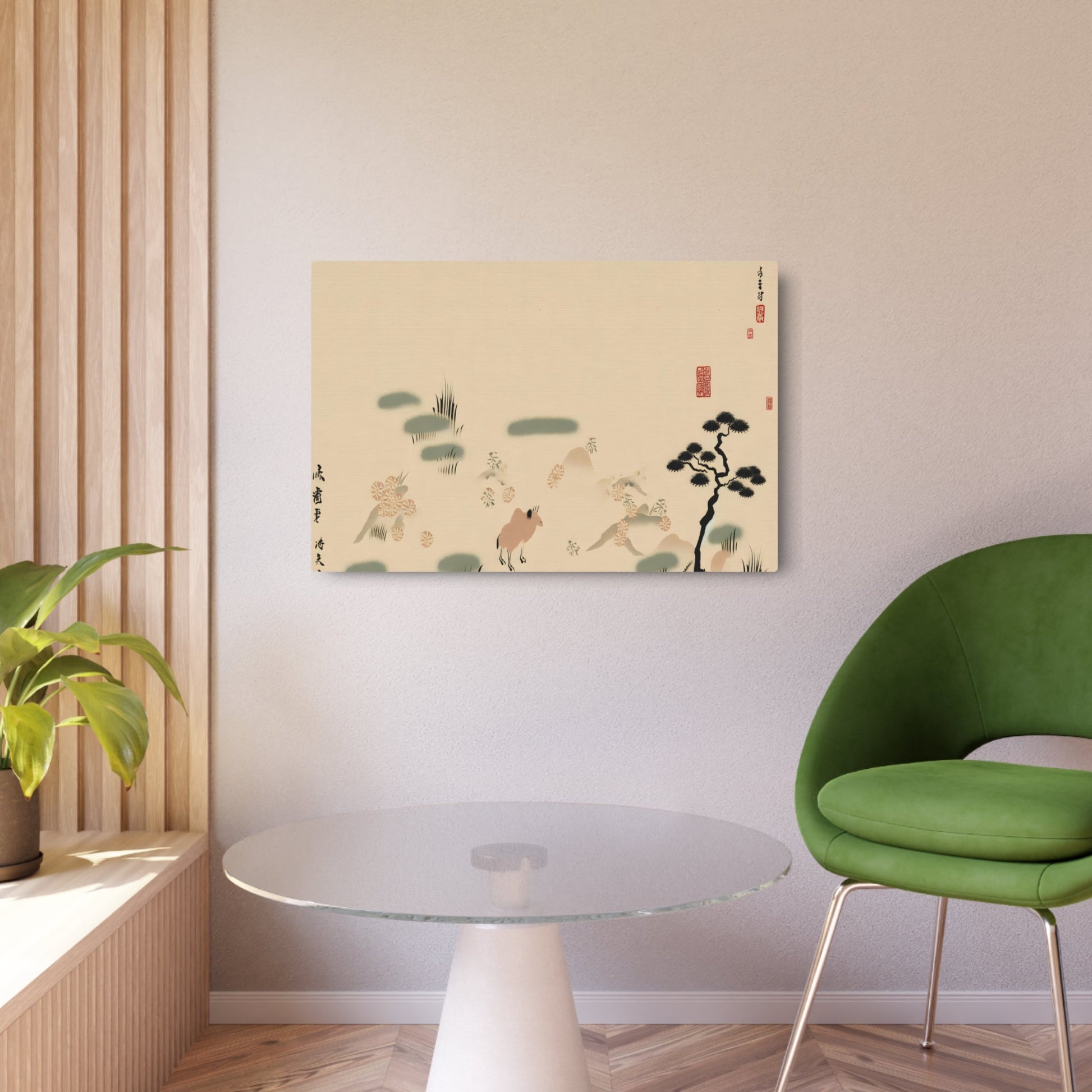 Metal Poster Art | "Elegant Kano School Inspired Japanese Painting: Simplistic Nature Scenes with Delicate Calligraphy and Abstract Animal Representations - Asian Art Styles" - Metal Poster Art 36″ x 24″ (Horizontal) 0.12''