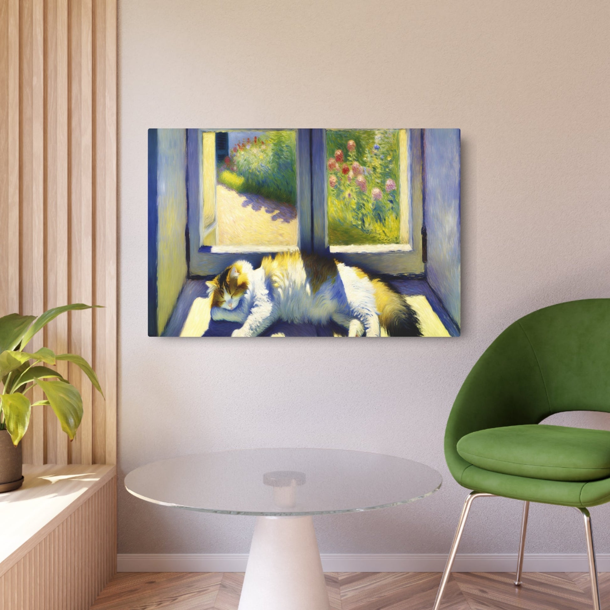 Metal Poster Art | "Impressionist Western Art: Sun-Drenched Cat Lounging on Windowsill Painting" - Metal Poster Art 36″ x 24″ (Horizontal) 0.12''