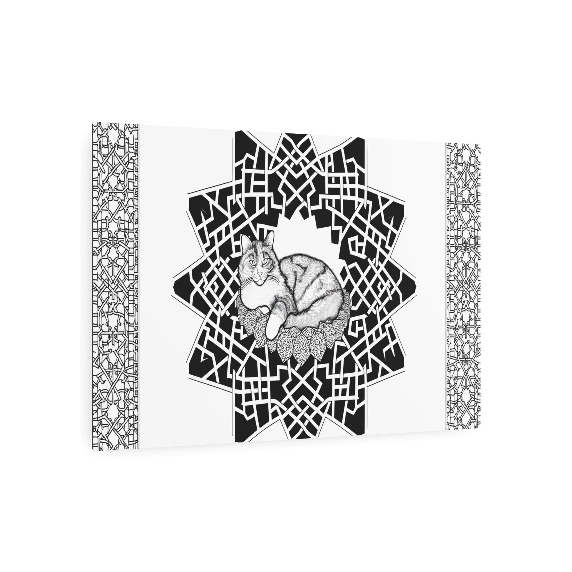 Metal Poster Art | "Islamic Geometric Patterns Art: Graceful Cat Resting within Intricate Non-Western Design" - Metal Poster Art 36″ x 24″ (Horizontal) 0.12''