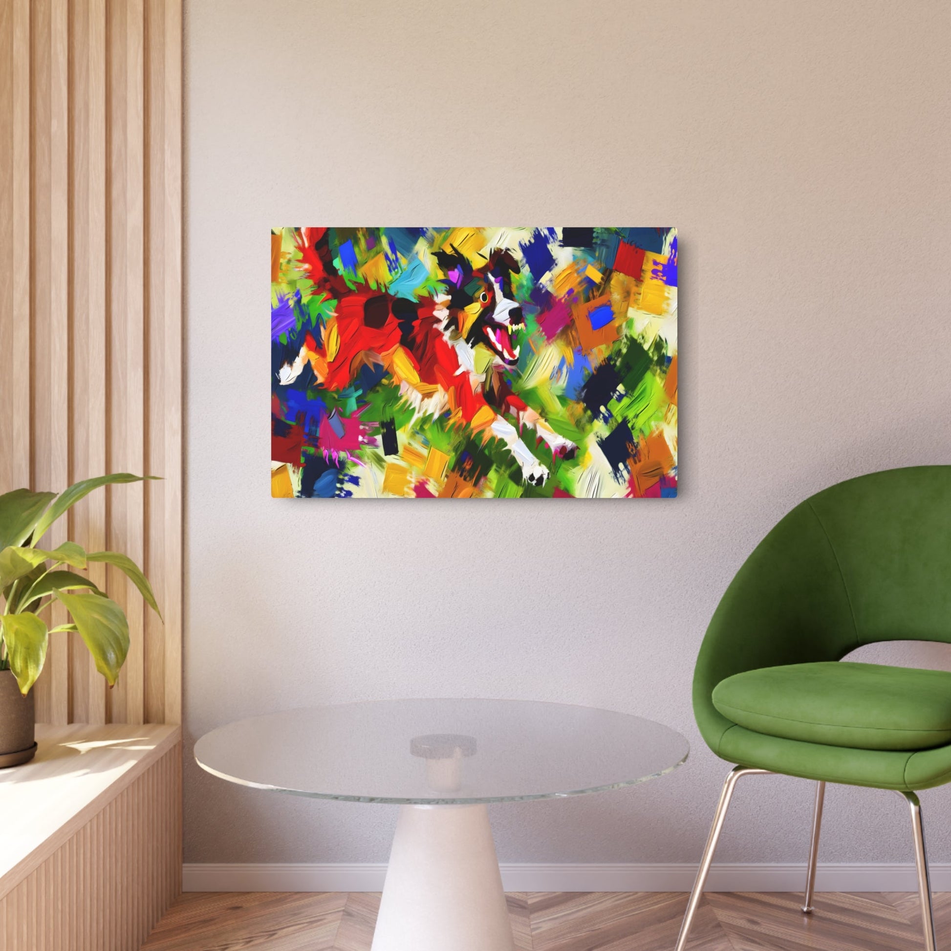 Metal Poster Art | "Playful Canine Energy: Vibrant Abstract Expressionist Artwork in Modern & Contemporary Styles, featuring Bold Brush Strokes and Contrasting Textures - Metal Poster Art 36″ x 24″ (Horizontal) 0.12''