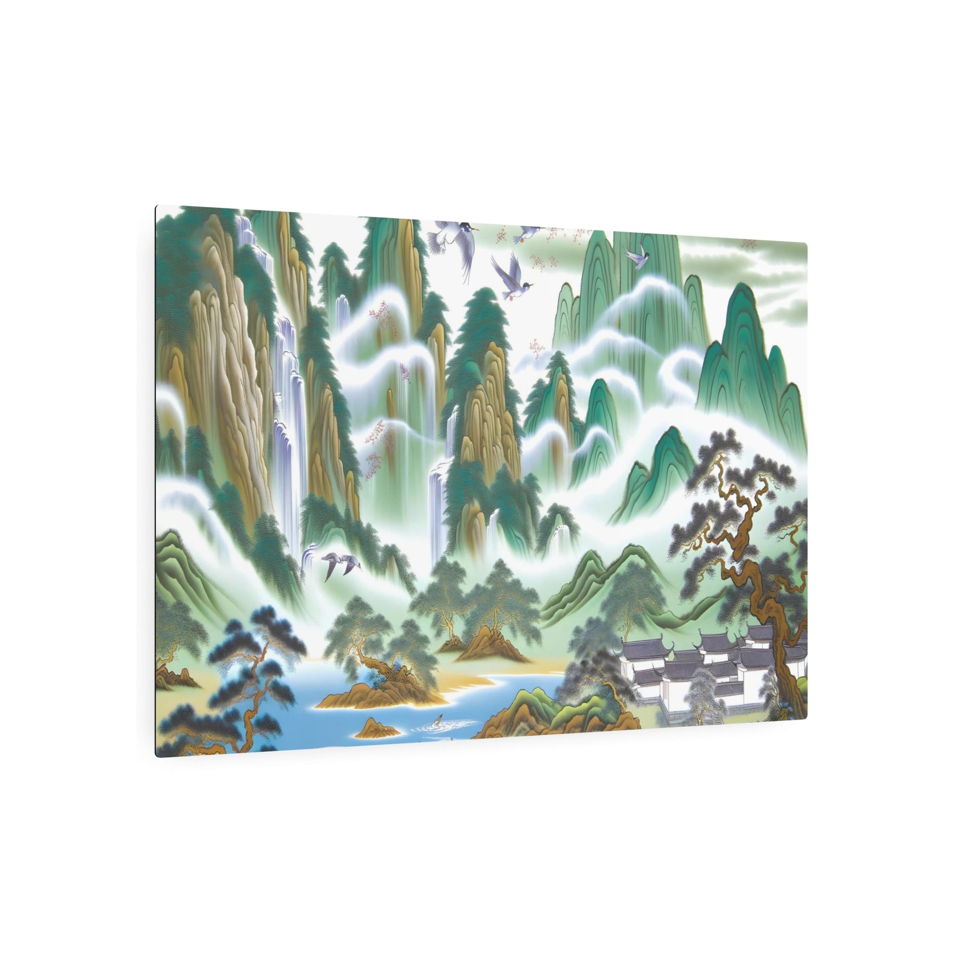 Metal Poster Art | "Traditional Chinese Landscape Painting featuring Mountains, Water, Trees, Houses and Birds - Intricate Asian Art Styles" - Metal Poster Art 36″ x 24″ (Horizontal) 0.12''