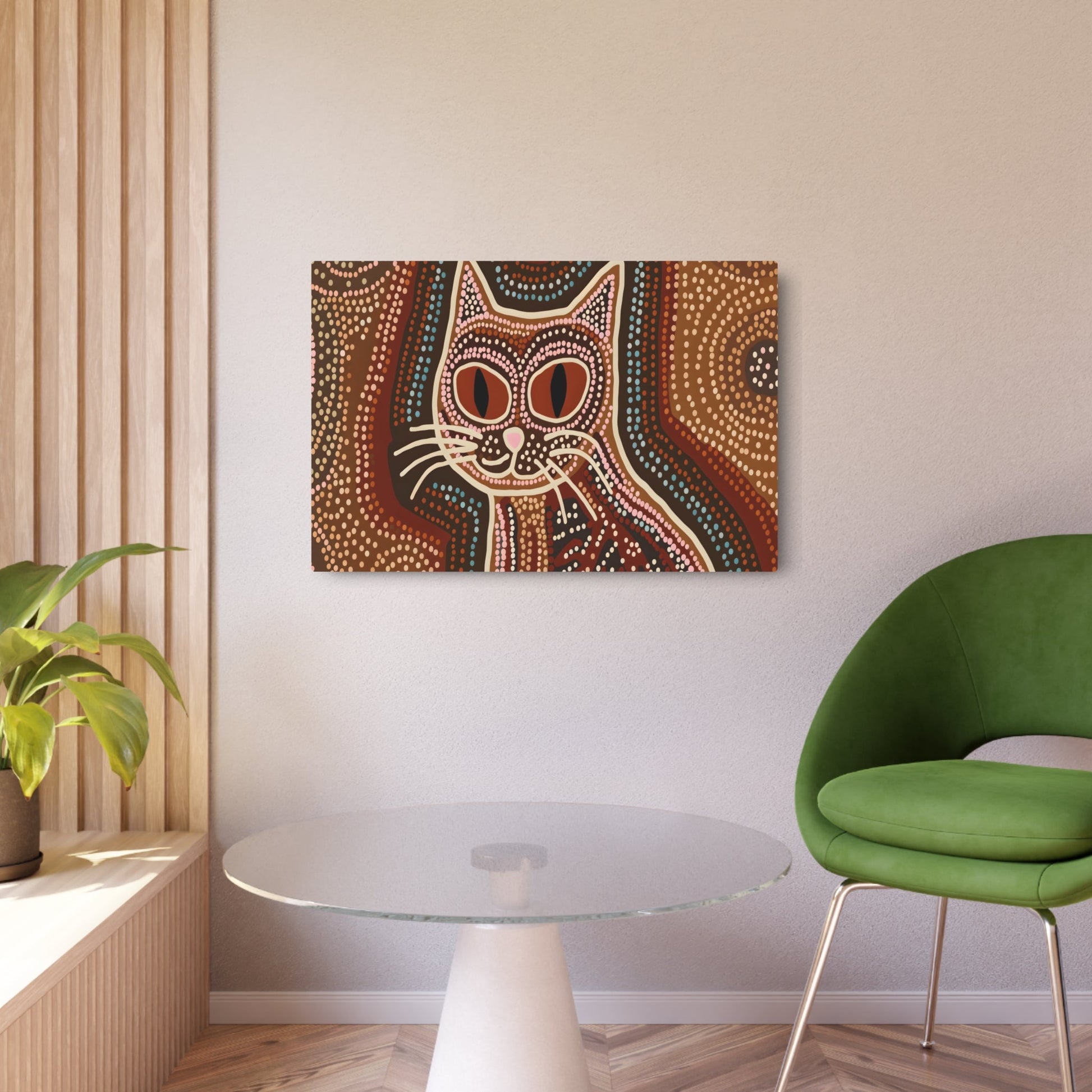 Metal Poster Art | "Aboriginal Art Style Cat Illustration - Authentic Australian Aboriginal Art inspired Feline Image in Non-Western & Global Styles Category" - Metal Poster Art 36″ x 24″ (Horizontal) 0.12''