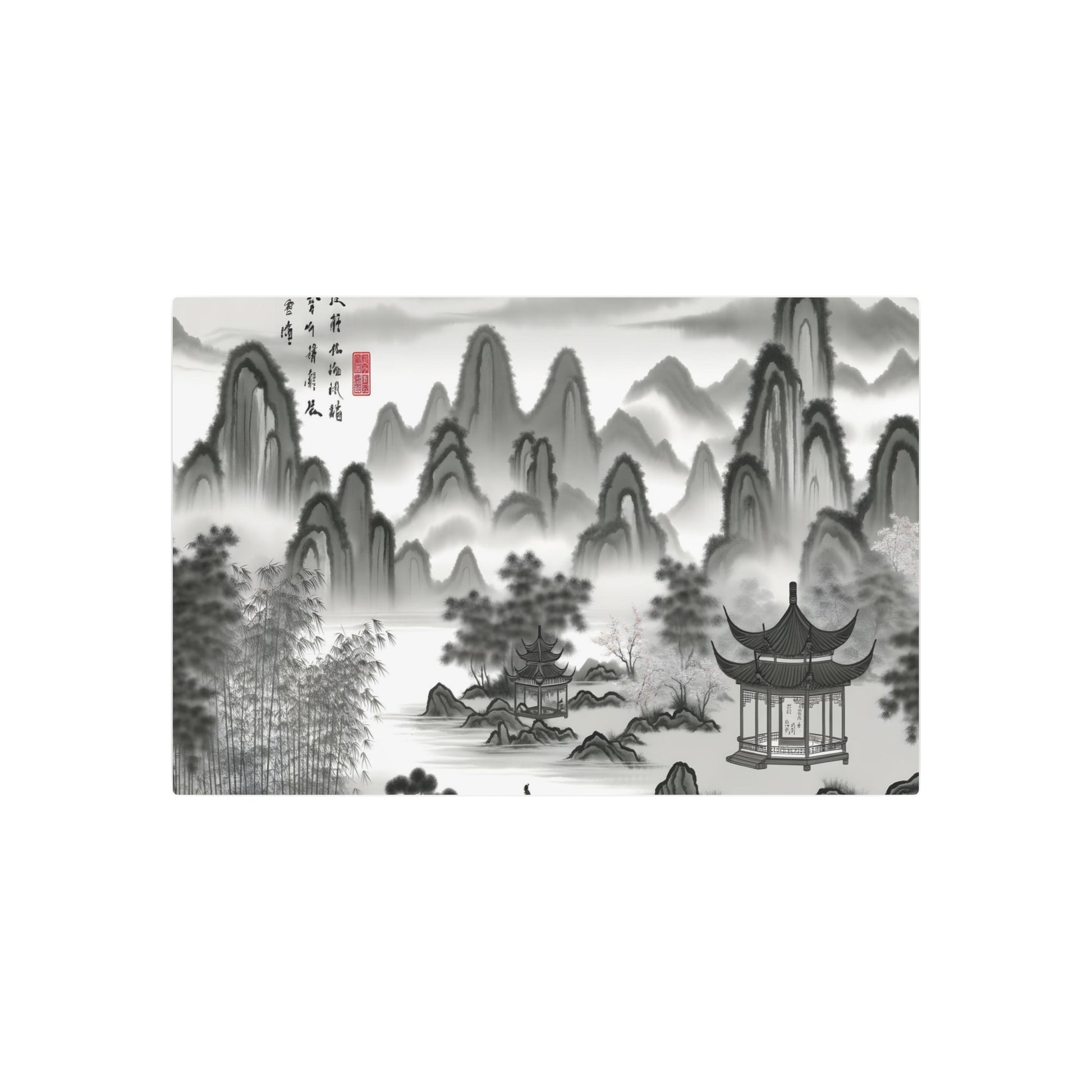 Metal Poster Art | "Traditional Chinese Landscape Ink Wash Painting: Misty Mountains and River Panorama with Ancient Architecture, Bamboo Forests & Cherry Blossoms - Grey, Black - Metal Poster Art 36″ x 24″ (Horizontal) 0.12''