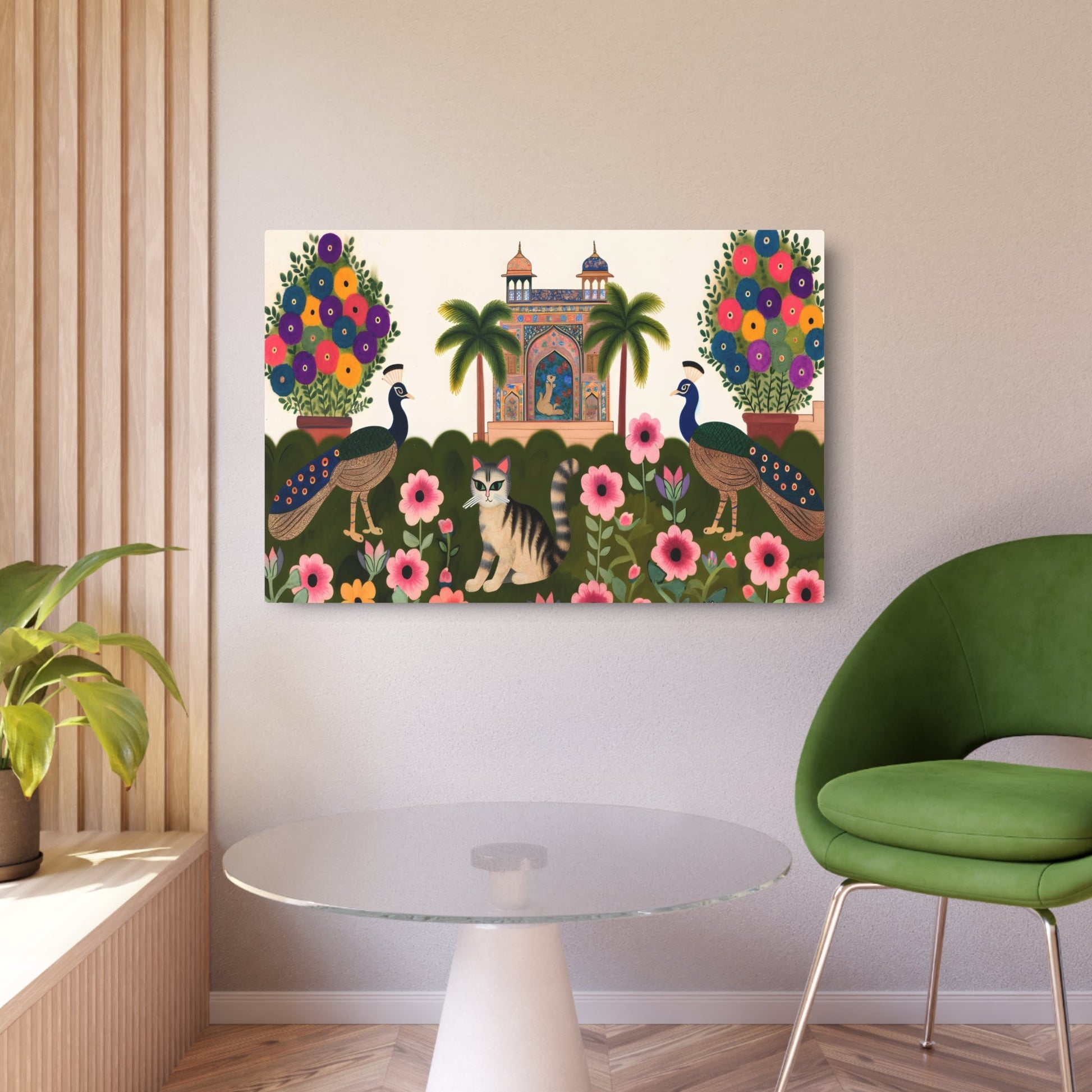 Metal Poster Art | "Mughal Miniature Art - Traditional South Asian Painting of Cat and Peacocks in a Blooming Garden with Architectural Designs" - Metal Poster Art 36″ x 24″ (Horizontal) 0.12''