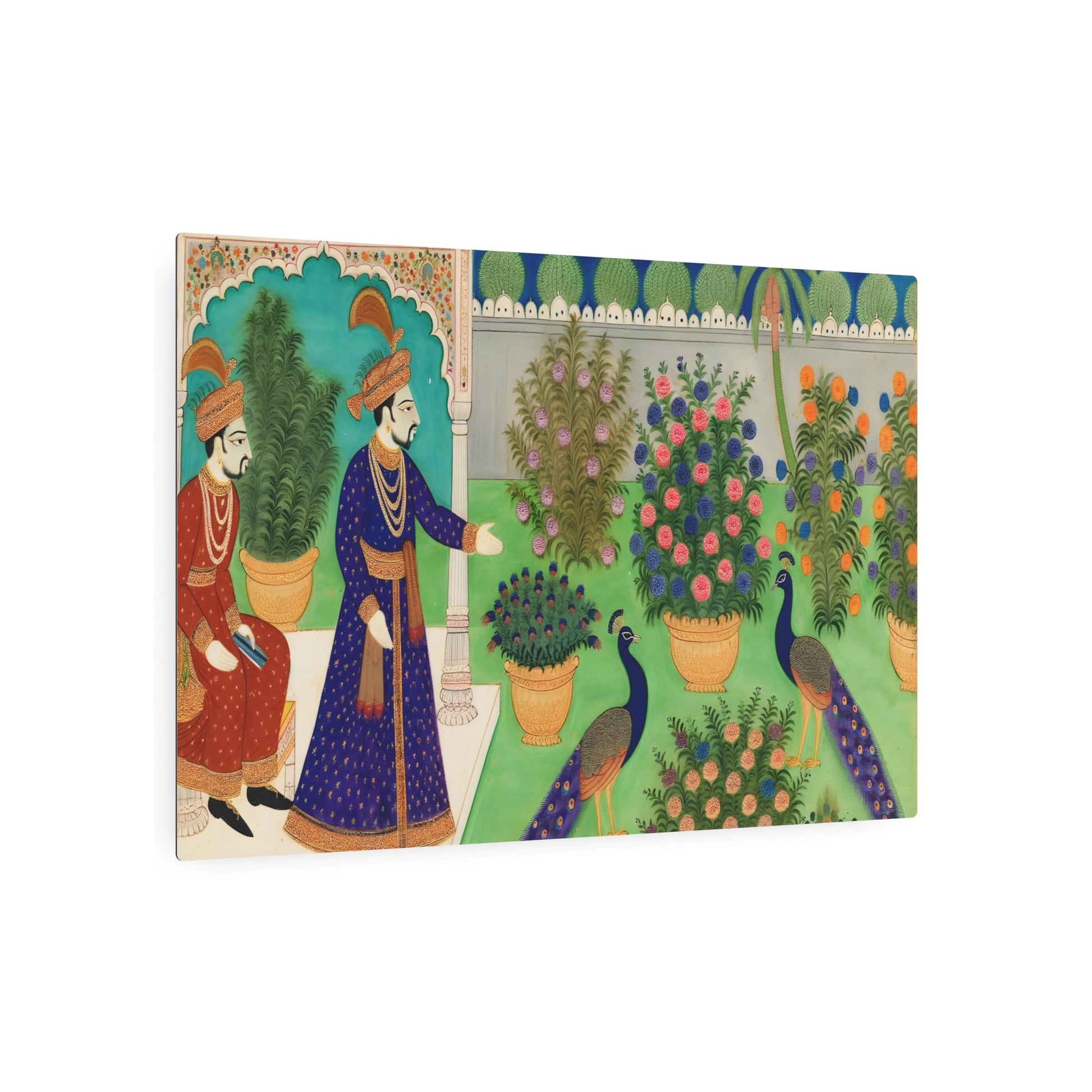 Metal Poster Art | "Mughal Miniature Art: Traditional South Asian Style Illustration of a Mughal Emperor Enjoying His Garden with Peacocks" - Metal Poster Art 36″ x 24″ (Horizontal) 0.12''