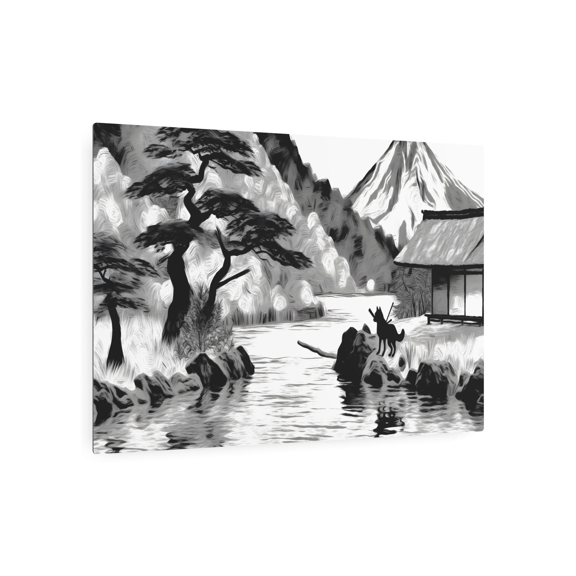 Metal Poster Art | "Serene Kano School Japanese Landscape Art with Playful Dog - Asian Art Styles Collection - Traditional Bold Brush Strokes, Muted Colors & Ink - Metal Poster Art 36″ x 24″ (Horizontal) 0.12''