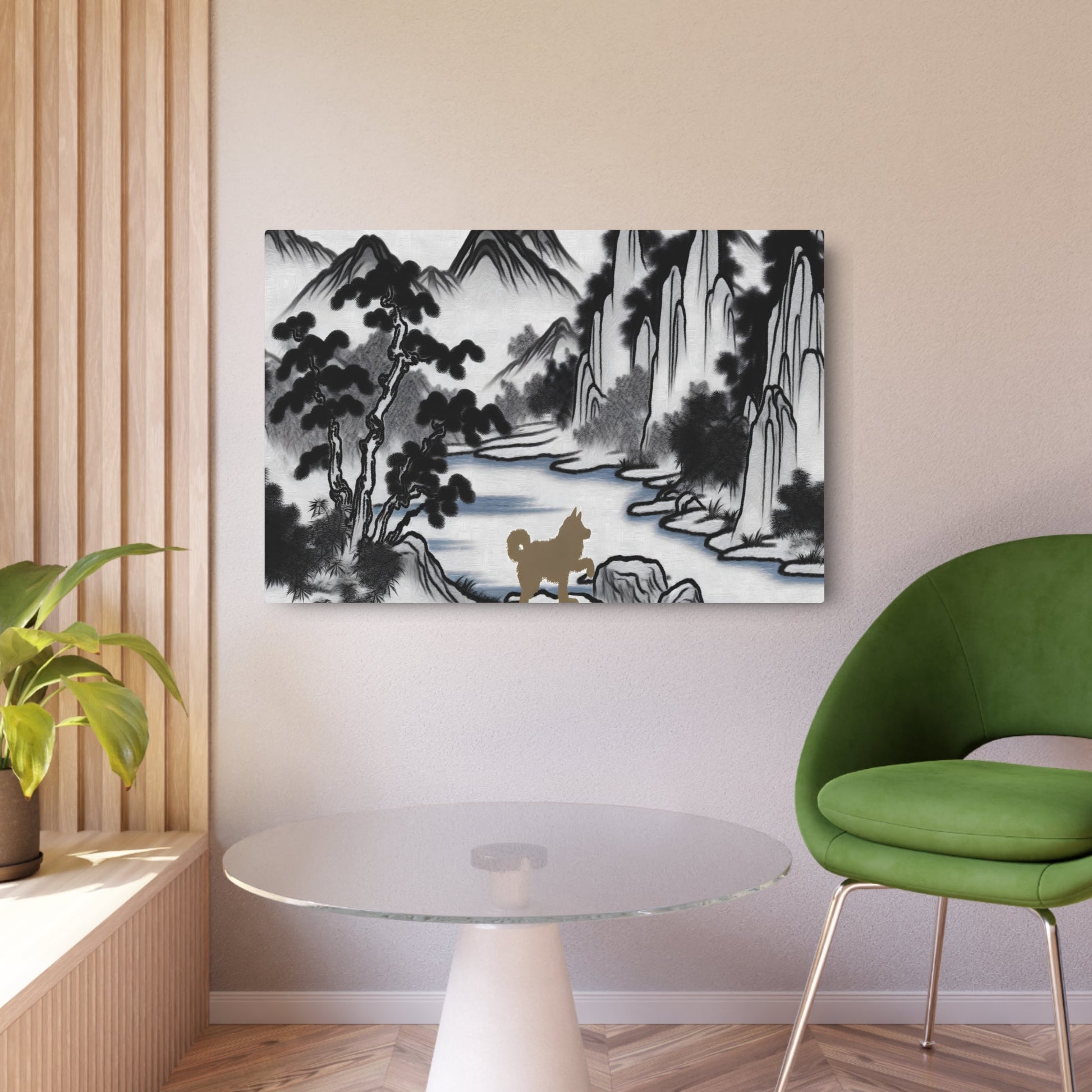 Metal Poster Art | "Traditional Chinese Landscape Art Piece with Dog Interaction - Asian Art Styles, Chinese Landscape Category" - Metal Poster Art 36″ x 24″ (Horizontal) 0.12''