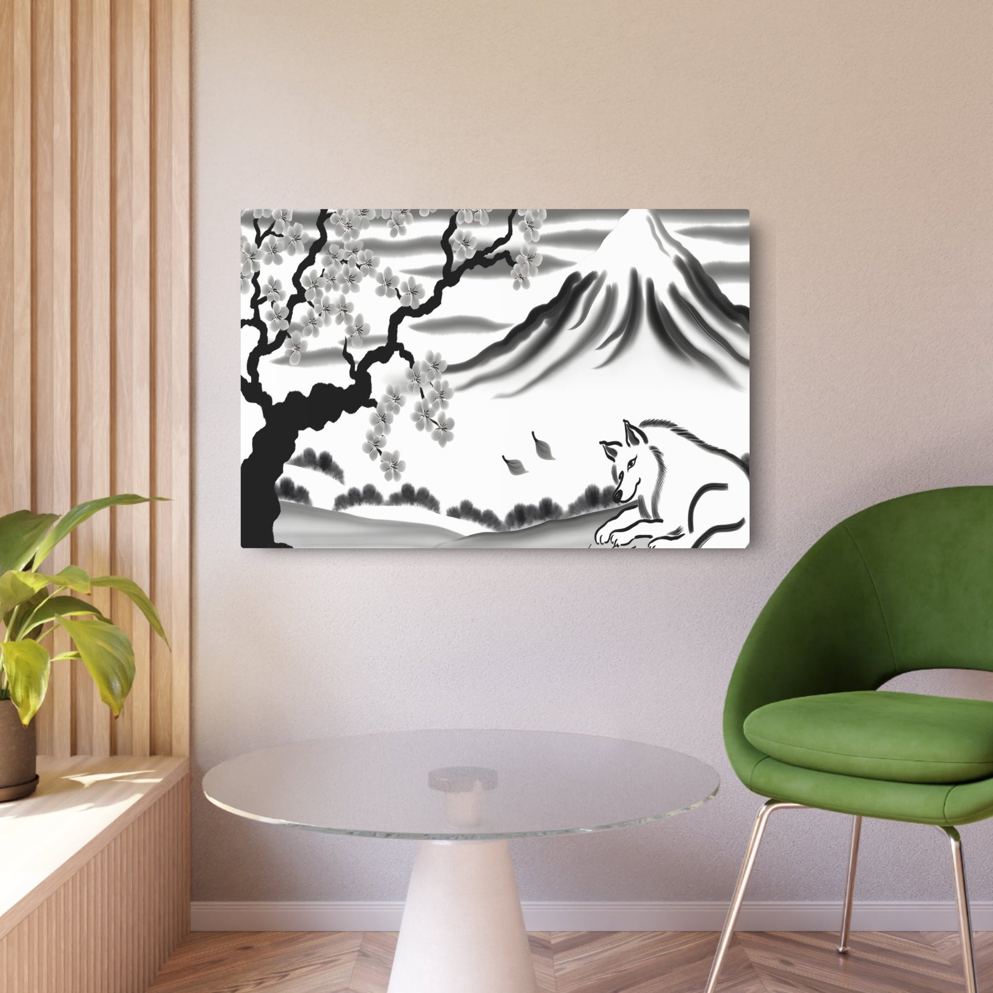 Metal Poster Art | "Traditional Chinese Silk Painting of a Serene Dog Resting under Cherry Blossom Tree with Distant Mountain Range - Asian Art Style, Day to Evening - Metal Poster Art 36″ x 24″ (Horizontal) 0.12''