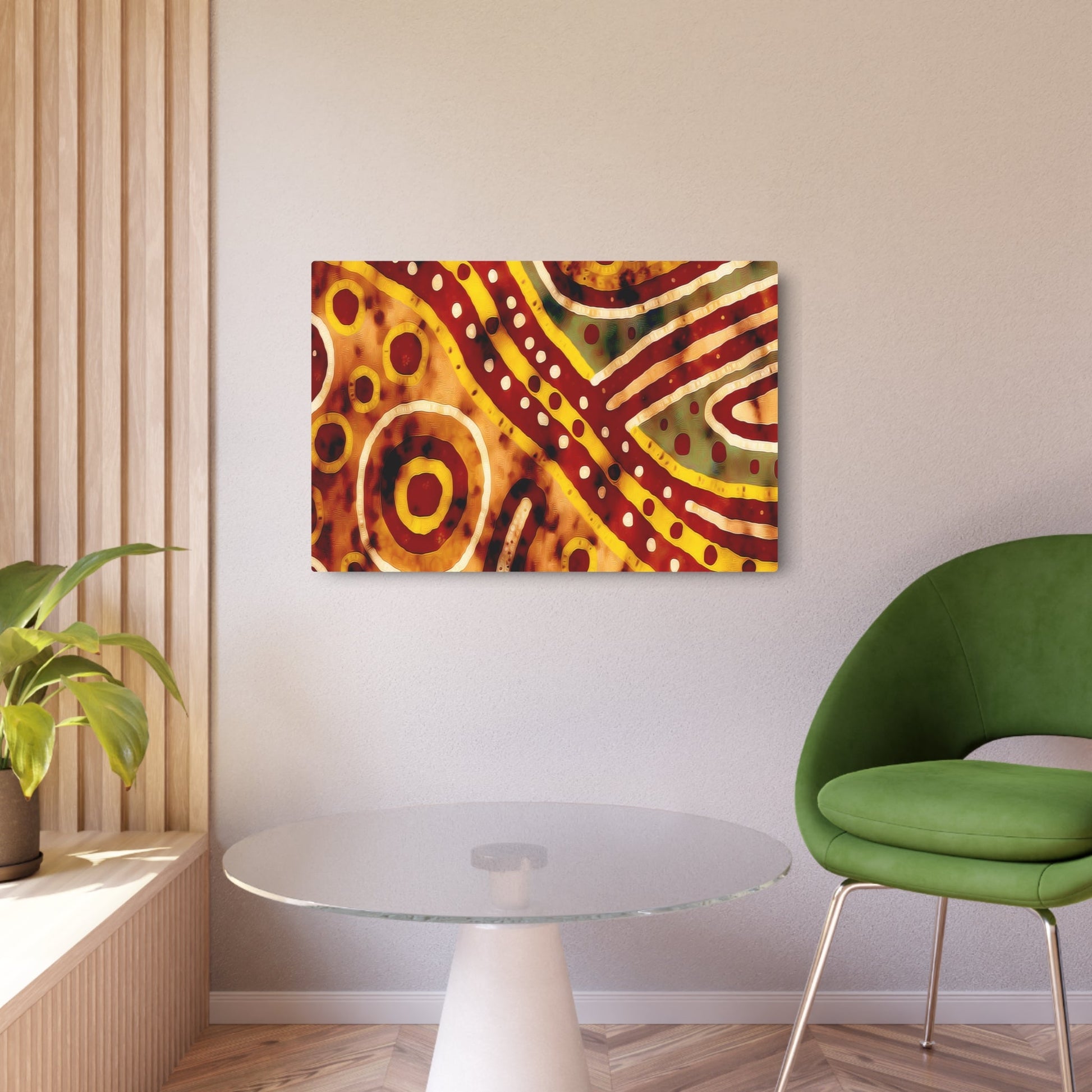 Metal Poster Art | "Authentic Aboriginal Art in Traditional Australian Style - Earthy Ochre Yellows, Reds & Browns - Non-Western Global Styles Artwork - Metal Poster Art 36″ x 24″ (Horizontal) 0.12''