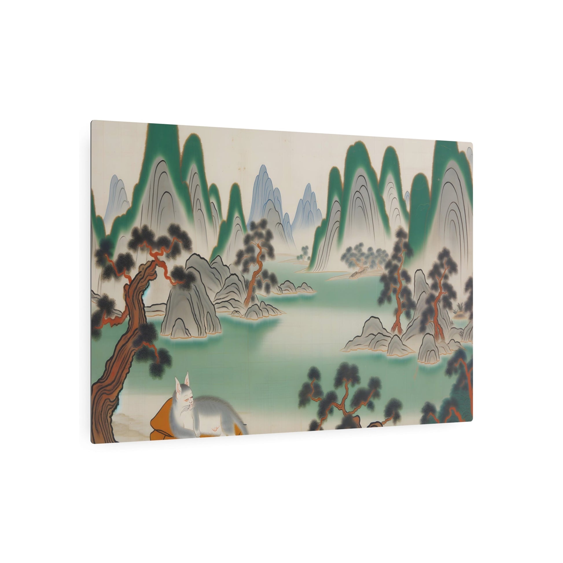 Metal Poster Art | "Traditional Chinese Landscape Painting with Peaceful Cat - Asian Art Styles Collection" - Metal Poster Art 36″ x 24″ (Horizontal) 0.12''