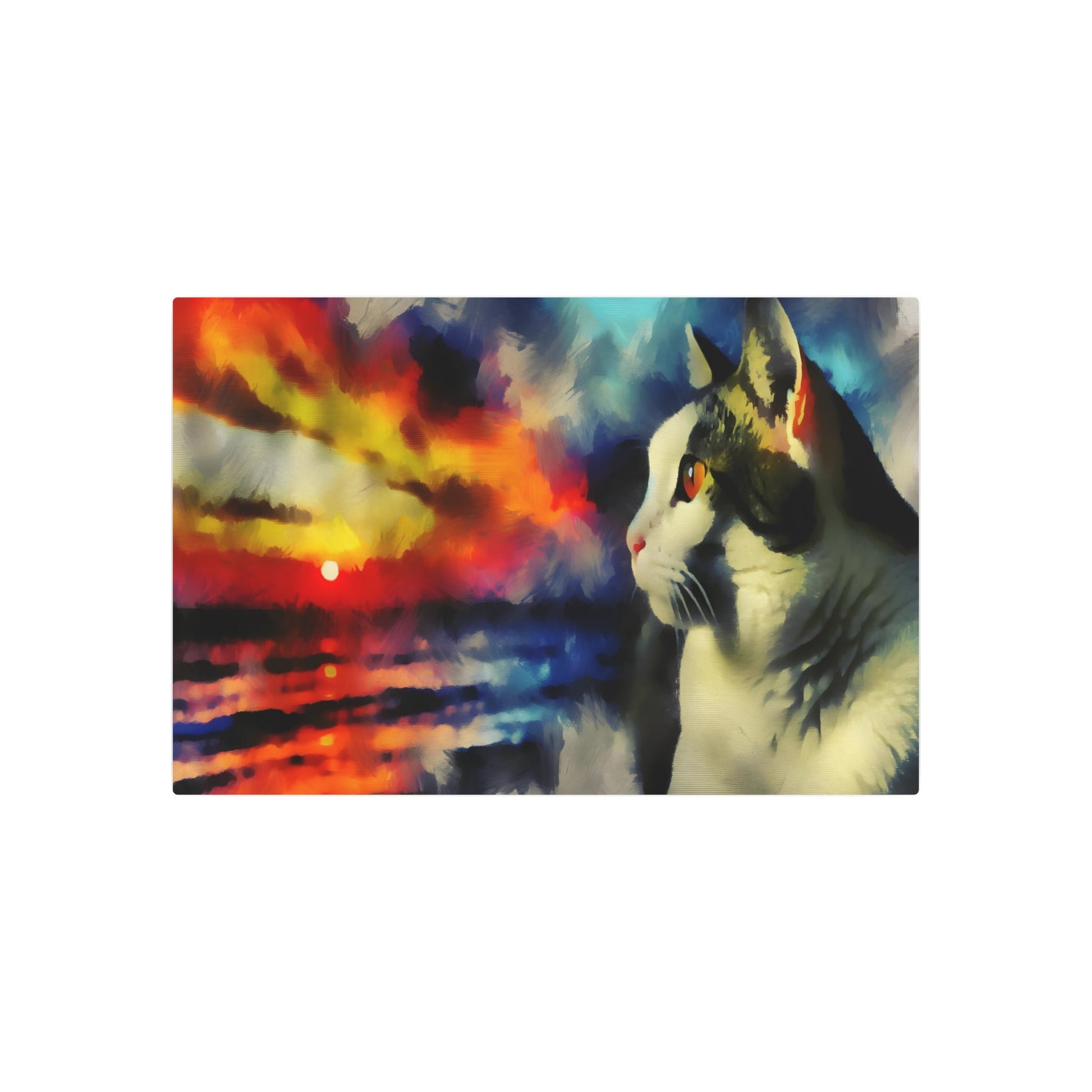 Metal Poster Art | "Romanticism Western Art Style - Contemplative Cat Gazing at Vibrant Sunset | Unique Handcrafted Romantic Artwork" - Metal Poster Art 36″ x 24″ (Horizontal) 0.12''