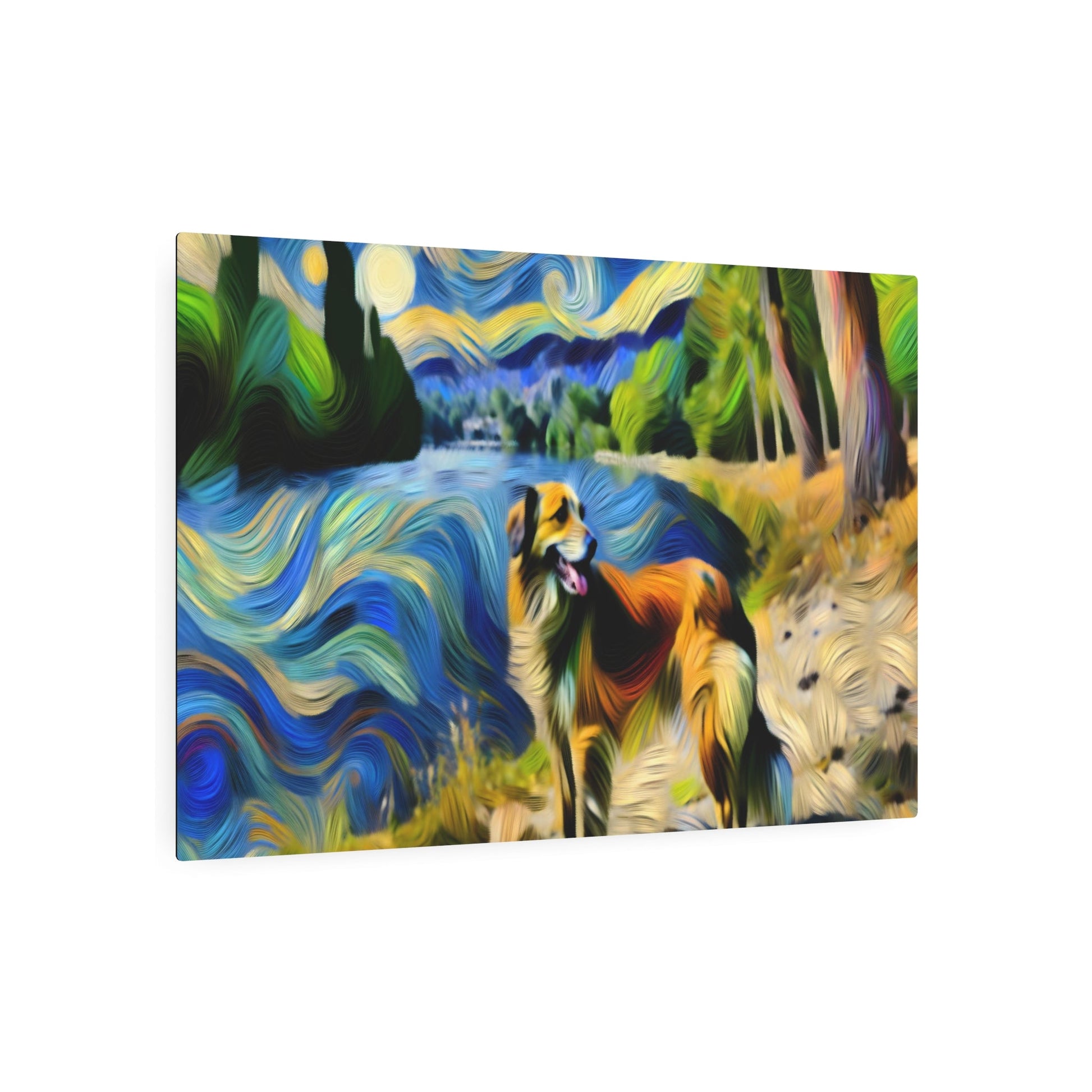 Metal Poster Art | "Post-Impressionism Art Print - Vibrant Western Art Style Featuring a Loyal Dog by a Picturesque River, Expressing Artist's Subject - Metal Poster Art 36″ x 24″ (Horizontal) 0.12''