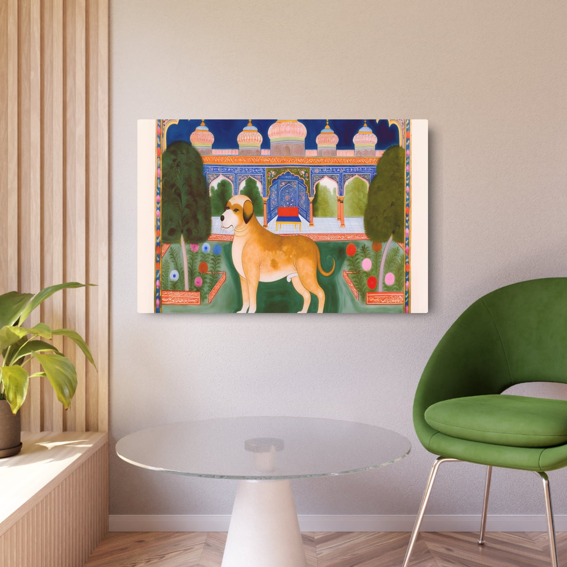 Metal Poster Art | "Mughal Miniature Painting: Majestic Dog in Traditional Garden - Vivid Colors, Non-Western Art, South Asian Style" - Metal Poster Art 36″ x 24″ (Horizontal) 0.12''