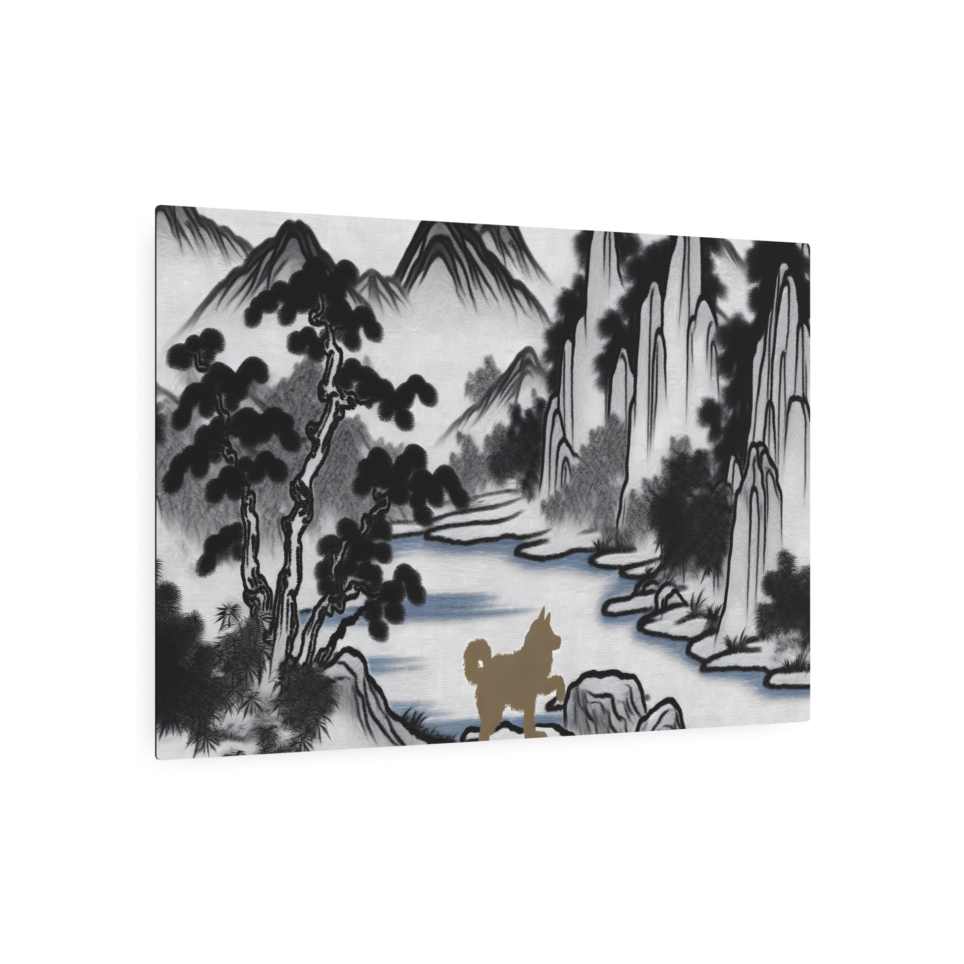 Metal Poster Art | "Traditional Chinese Landscape Art Piece with Dog Interaction - Asian Art Styles, Chinese Landscape Category" - Metal Poster Art 36″ x 24″ (Horizontal) 0.12''