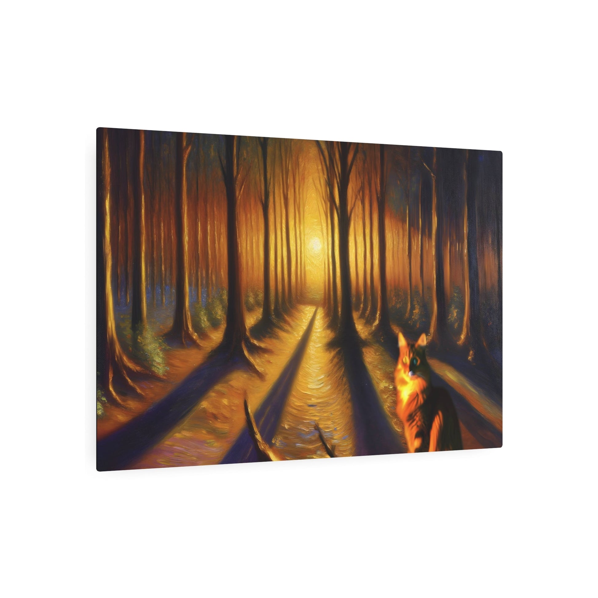 Metal Poster Art | "Majestic Dreamy Cat in Forest Sunset - Dramatic Romanticism Western Art Style Print" - Metal Poster Art 36″ x 24″ (Horizontal) 0.12''