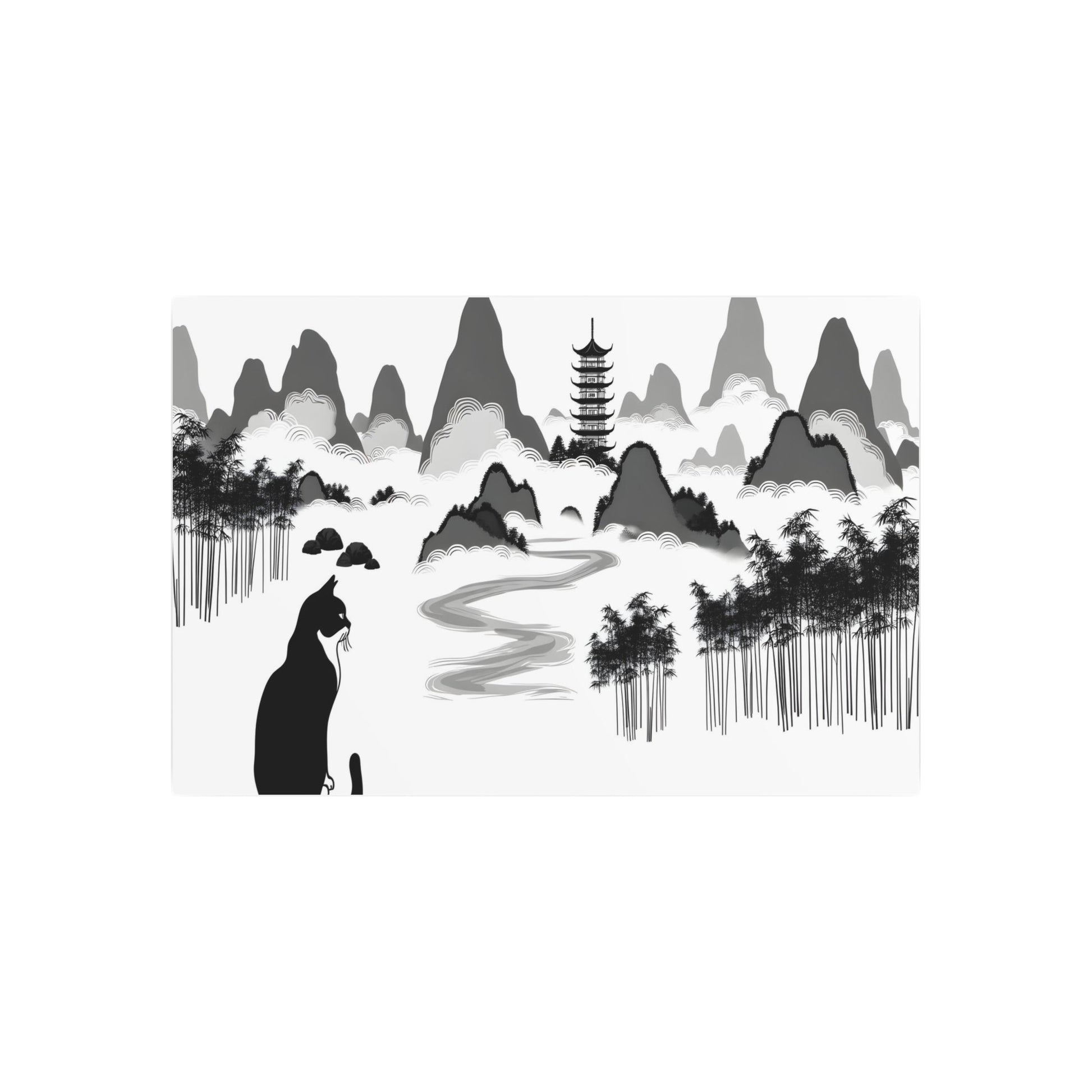 Metal Poster Art | "Graceful Chinese Ink Painting: Traditional Landscape Art Featuring Mountains, Rivers, Bamboo Trees, and Pagoda with Peaceful Cat - Asian Art Styles, - Metal Poster Art 36″ x 24″ (Horizontal) 0.12''