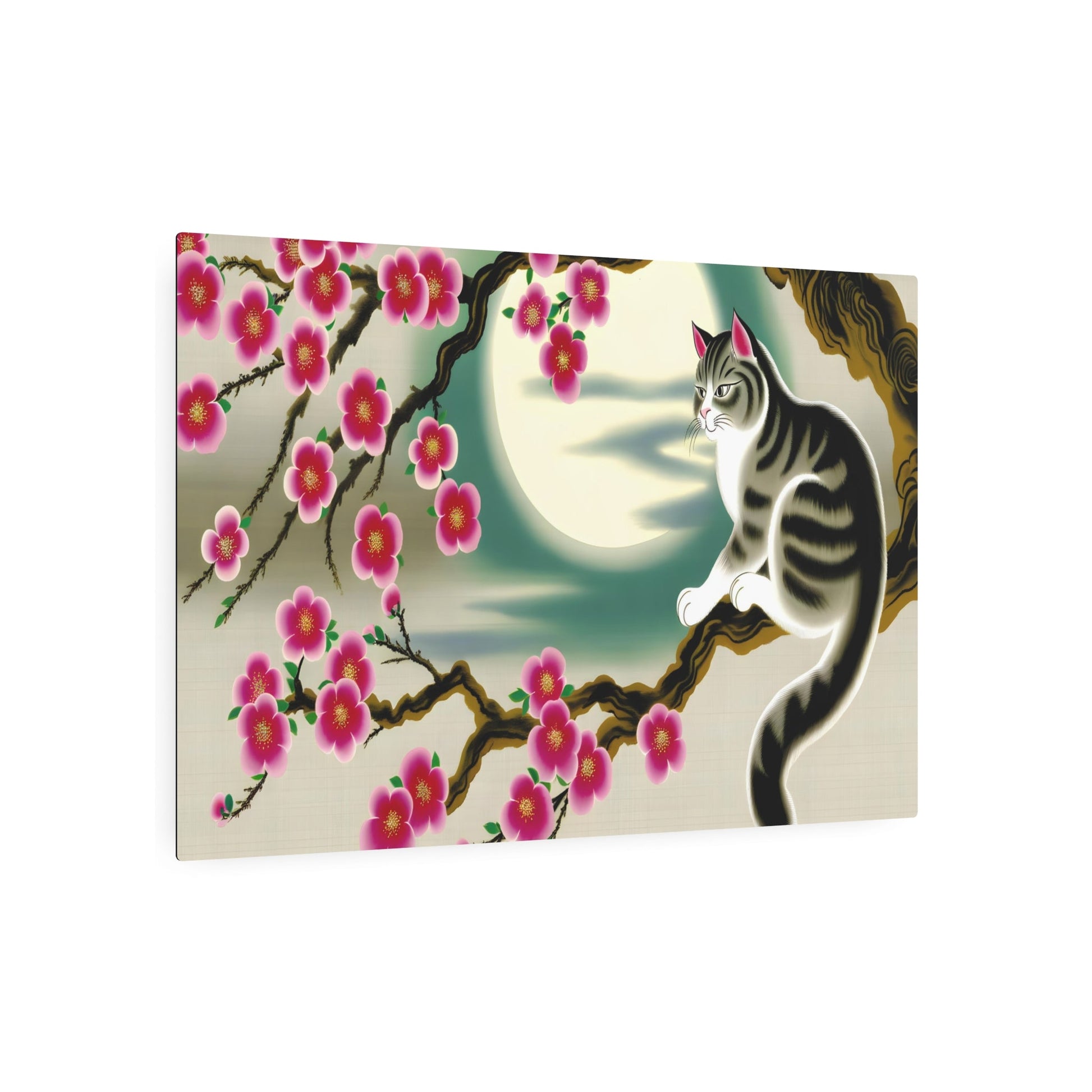 Metal Poster Art | "Traditional Chinese Silk Painting Art - Elegant Cat Resting on Blossoming Cherry Tree Branch under Full Moon, Serene Twilight Sky - Asian Art Styles, - Metal Poster Art 36″ x 24″ (Horizontal) 0.12''