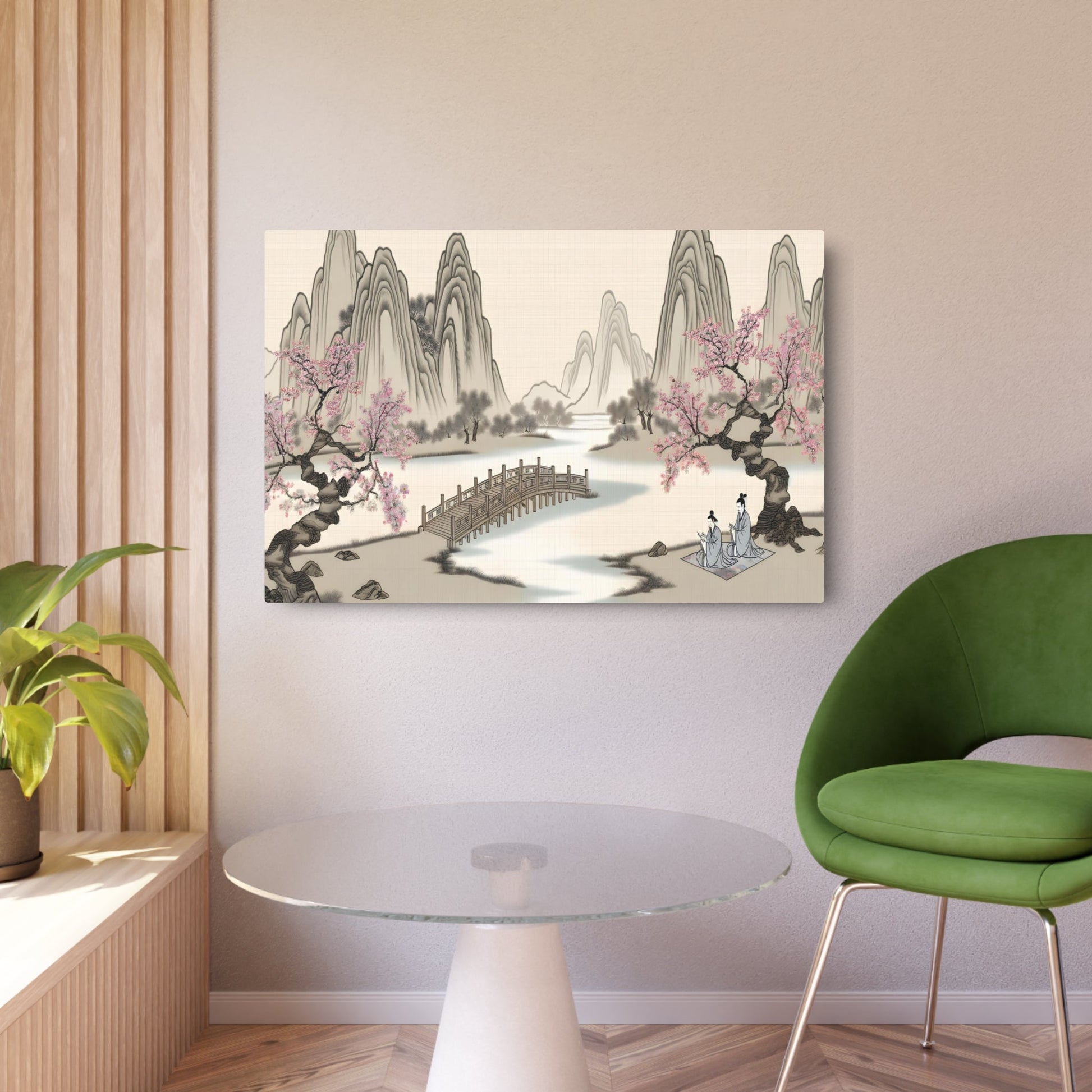 Metal Poster Art | "Traditional Chinese Silk Painting of Serene Mountain Landscape & Cherry Blossom Trees - Asian Art Styles, Sub-category: Chinese Silk Painting" - Metal Poster Art 36″ x 24″ (Horizontal) 0.12''