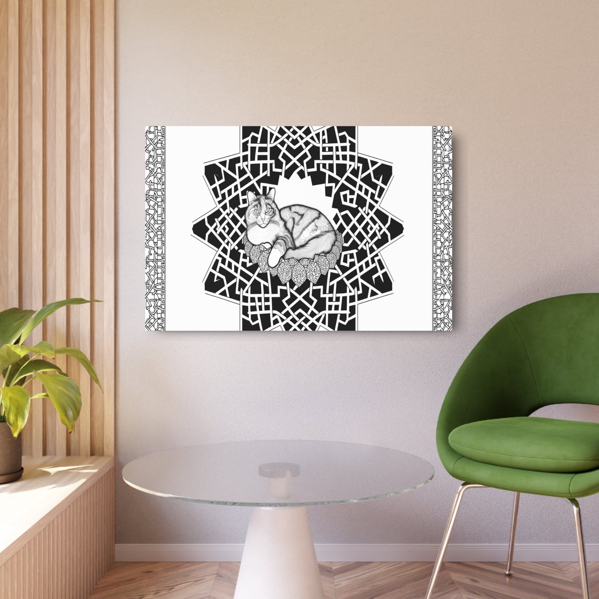 Metal Poster Art | "Islamic Geometric Patterns Art: Graceful Cat Resting within Intricate Non-Western Design" - Metal Poster Art 36″ x 24″ (Horizontal) 0.12''