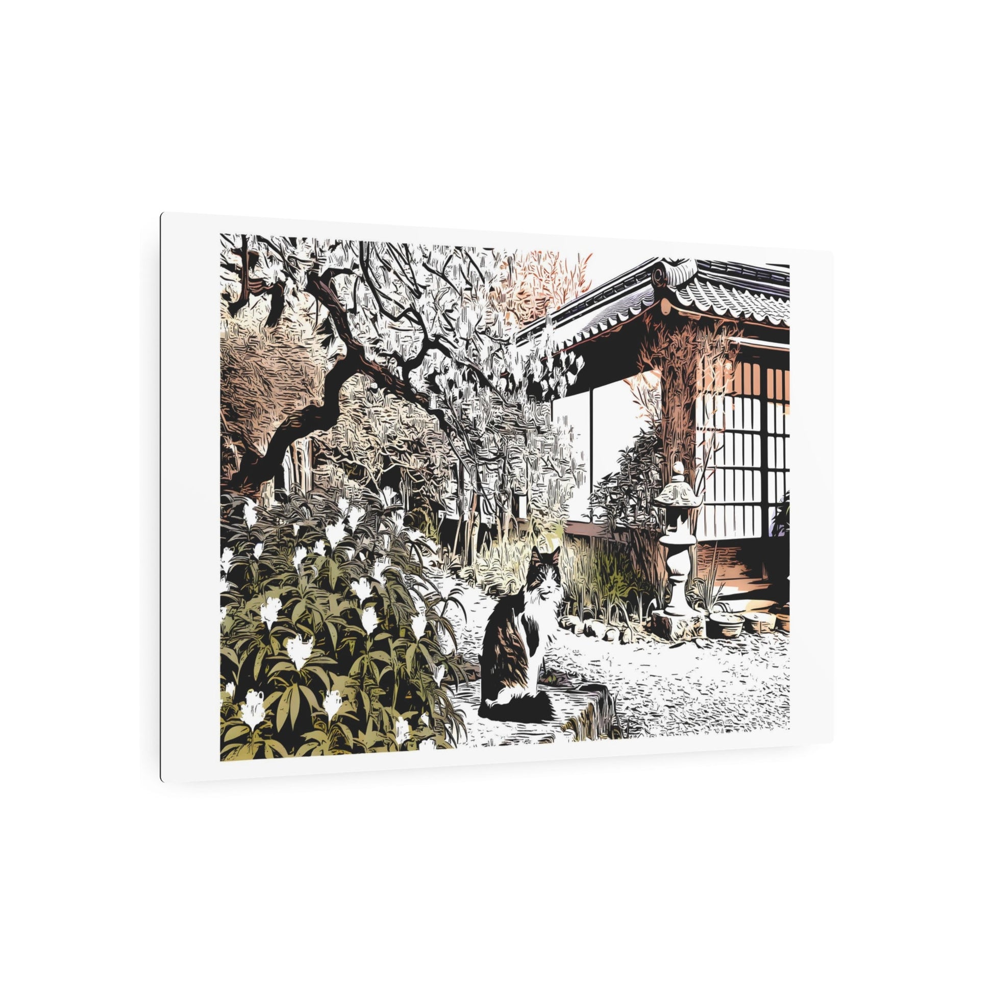 Metal Poster Art | "Graceful Kano School Japanese Art Inspired Cat in Natural Setting - Asian Art Styles Collection" - Metal Poster Art 36″ x 24″ (Horizontal) 0.12''