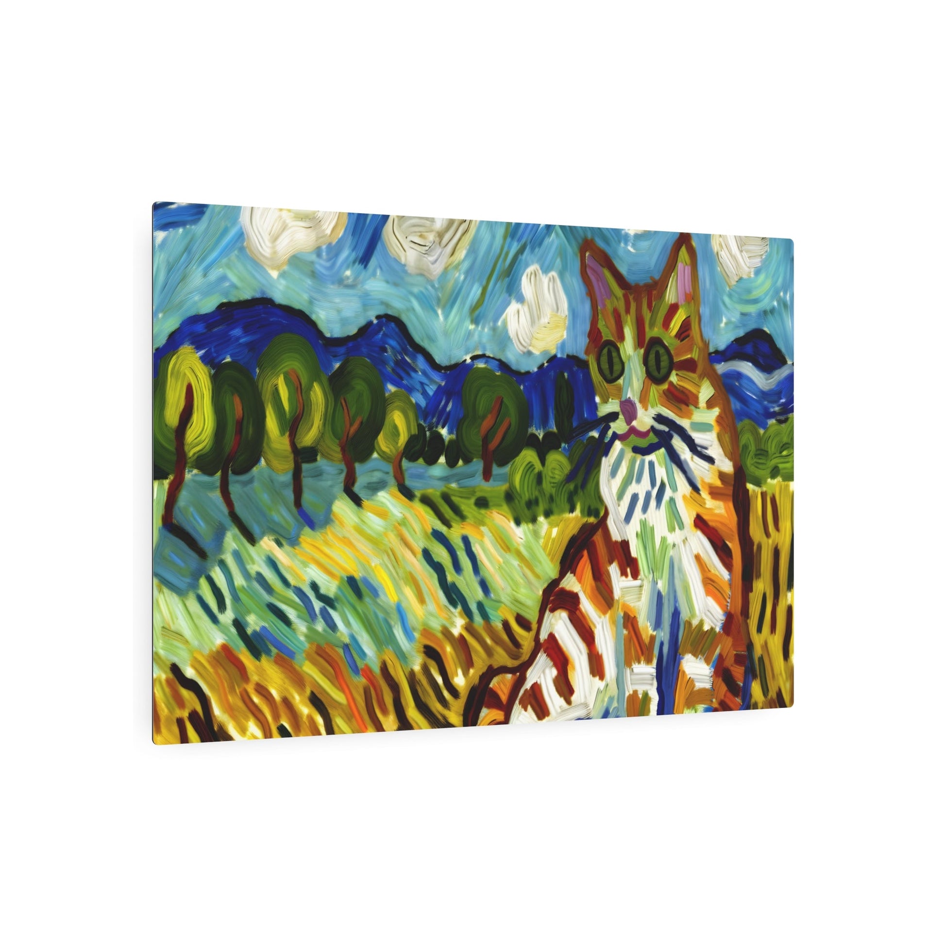 Metal Poster Art | "Post-Impressionism Inspired Colorful Cat Landscape - Western Art Styles Collection" - Metal Poster Art 36″ x 24″ (Horizontal) 0.12''