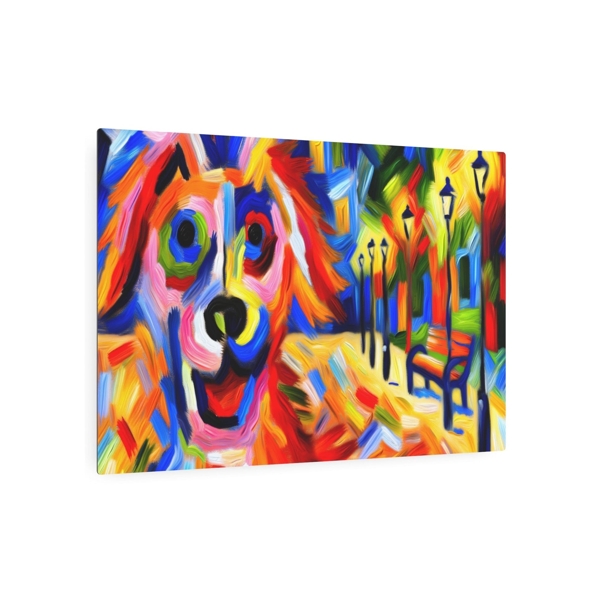 Metal Poster Art | "Vibrant Expressionism Style Oil Painting of a Playful Dog in Bold Colors - Western Art Styles Collection" - Metal Poster Art 36″ x 24″ (Horizontal) 0.12''