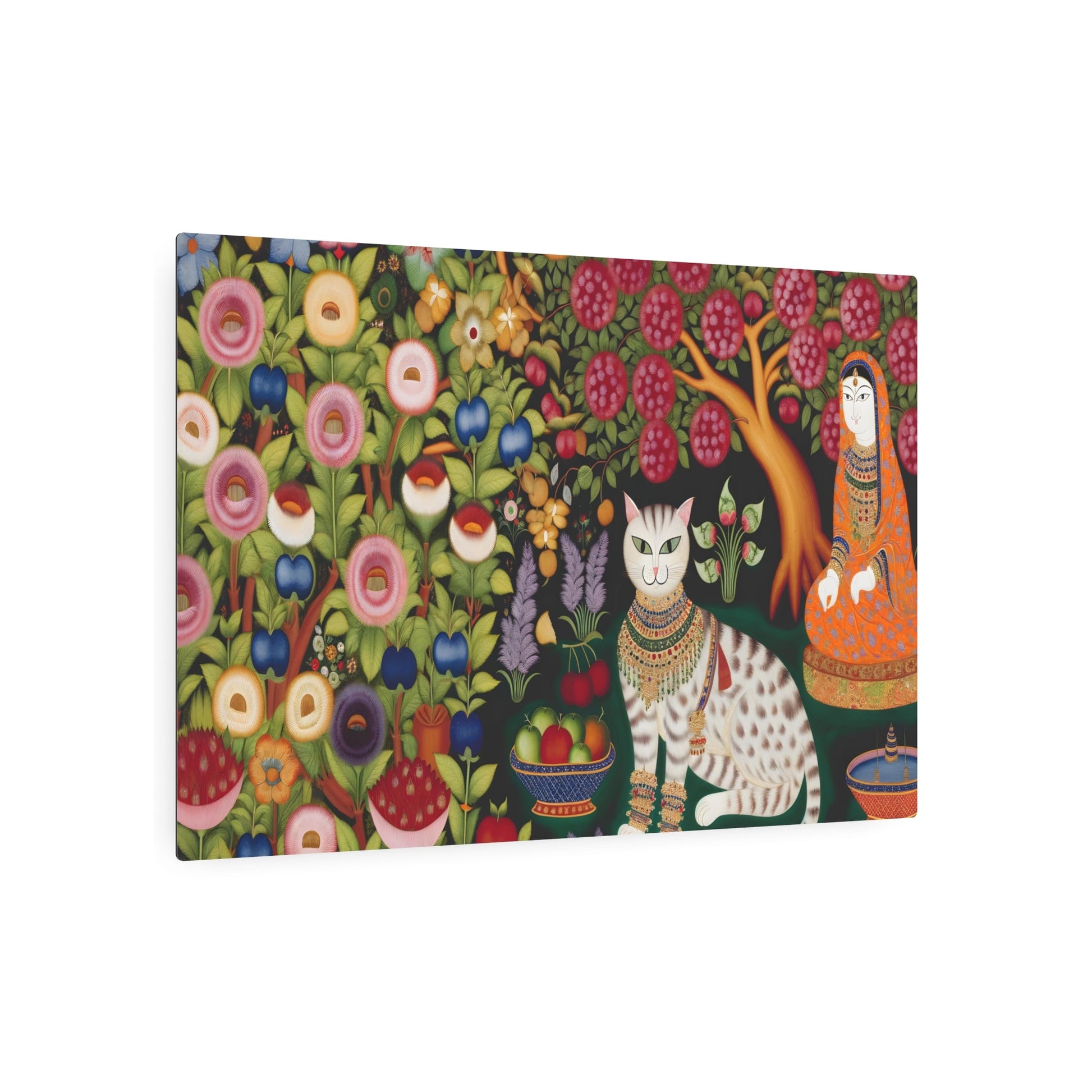 Metal Poster Art | "Mughal Miniature Art Print: Cat Relaxing in Blooming Garden - Intricate South Asian Aesthetic with Traditional Jewelry Accents" - Metal Poster Art 36″ x 24″ (Horizontal) 0.12''