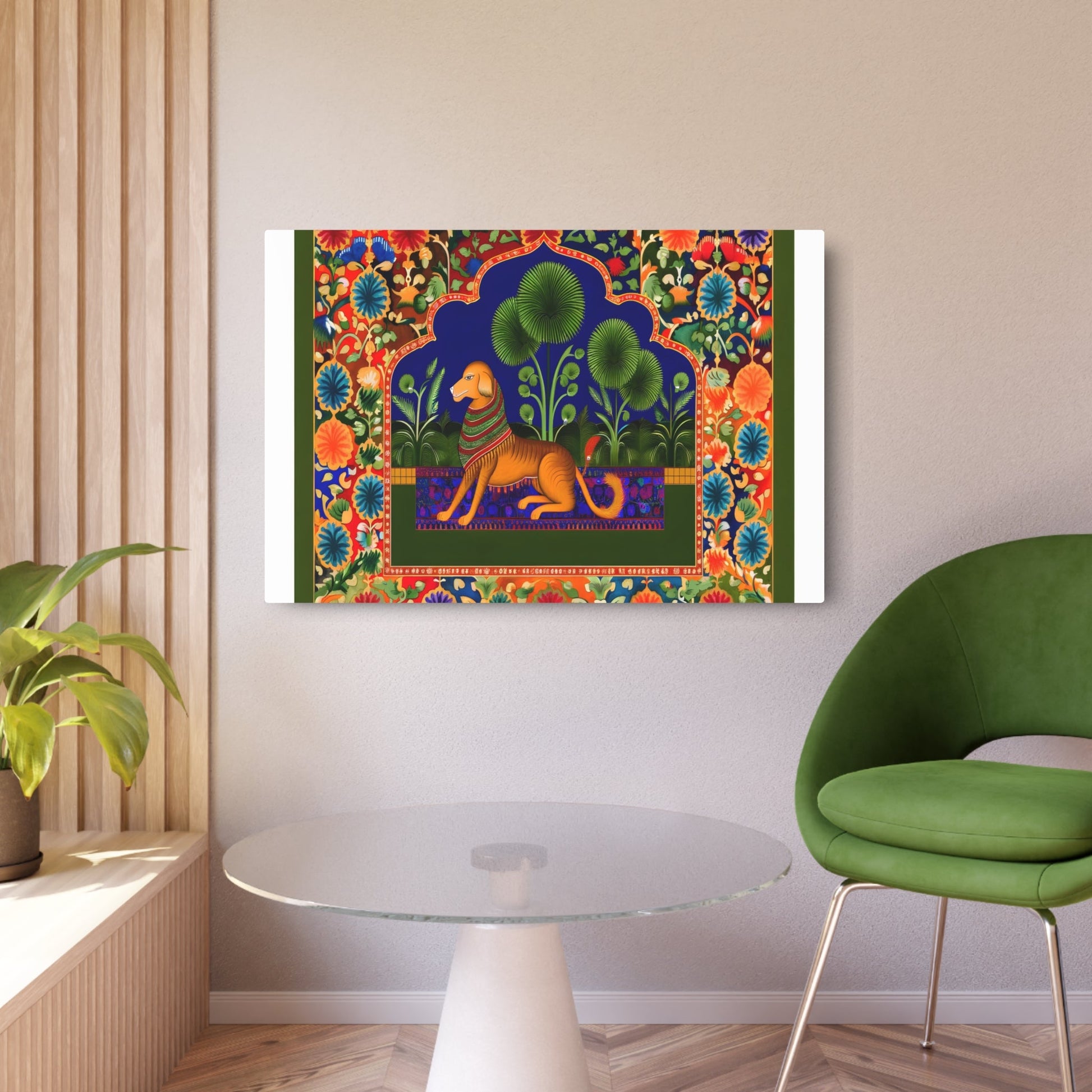 Metal Poster Art | "Regal Dog in Lush South Asian Landscape - Vibrant Mughal Miniature-style Artwork with Intricate Details - Non-Western & - Metal Poster Art 36″ x 24″ (Horizontal) 0.12''