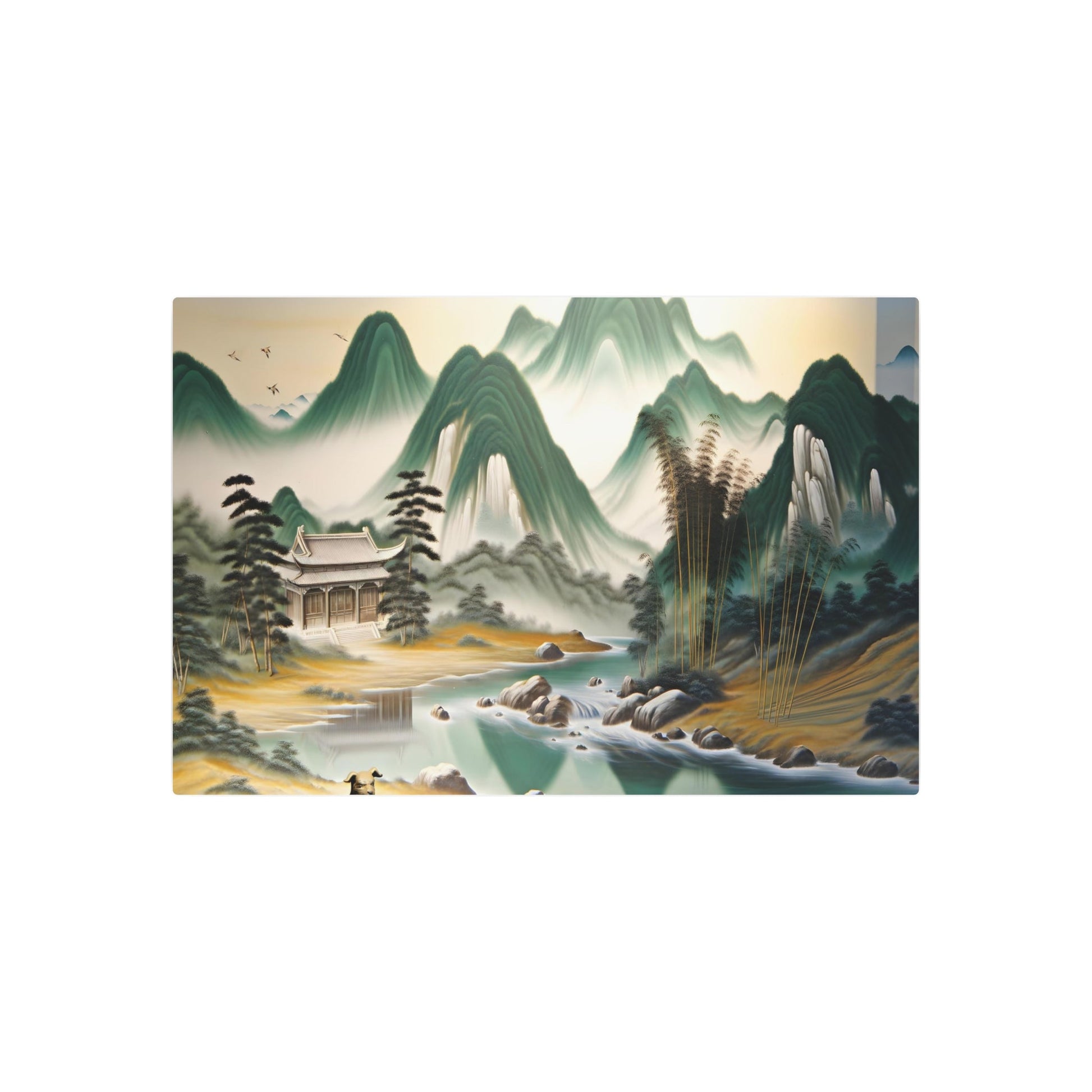 Metal Poster Art | "Chinese Landscape Art - Ancient Temple Mountain Range with Running River, Bamboo Trees and Patient Dog Scene in Traditional Asian Art Styles" - Metal Poster Art 36″ x 24″ (Horizontal) 0.12''