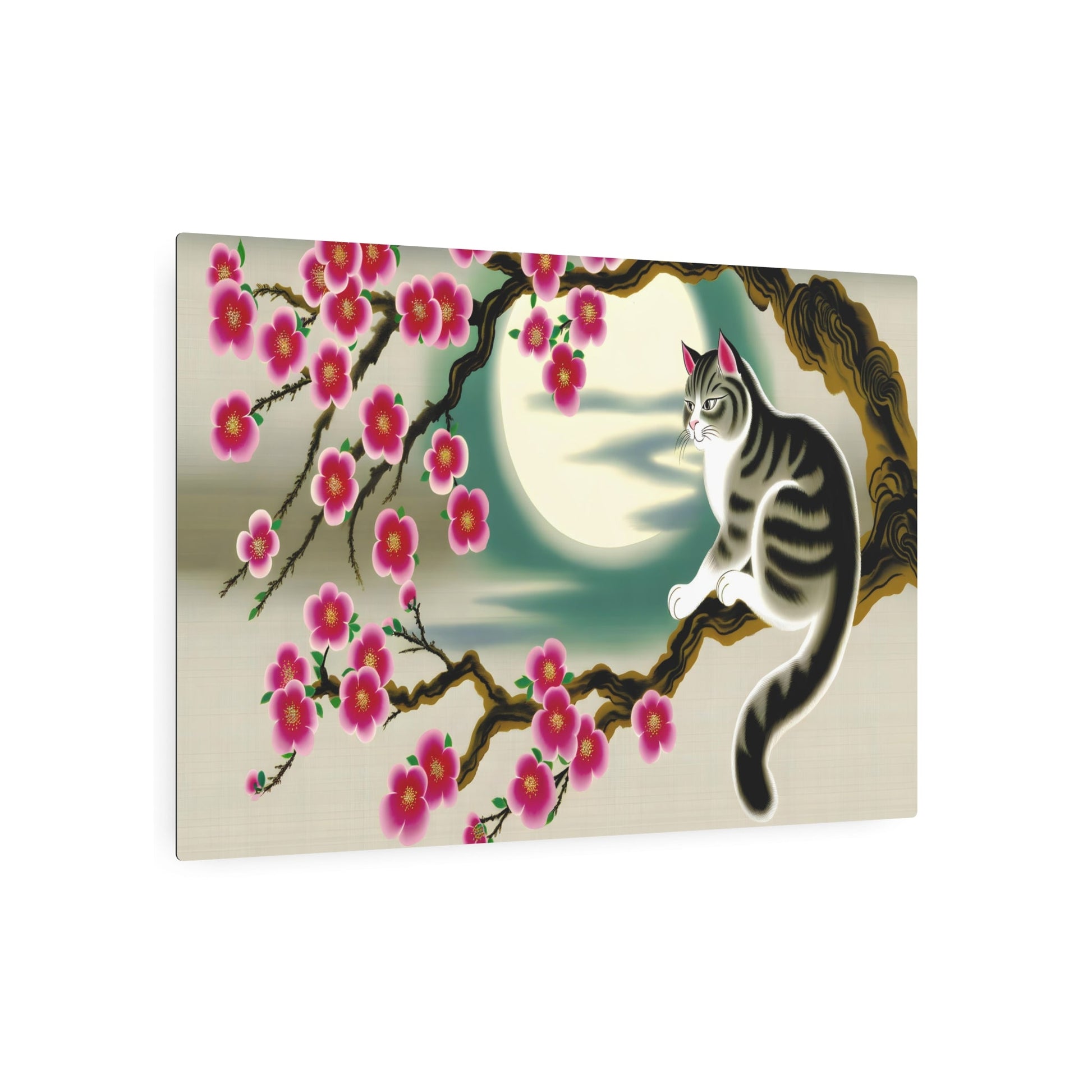 Metal Poster Art | "Traditional Chinese Silk Painting Art - Elegant Cat Resting on Blossoming Cherry Tree Branch under Full Moon, Serene Twilight Sky - Asian Art Styles, - Metal Poster Art 36″ x 24″ (Horizontal) 0.12''