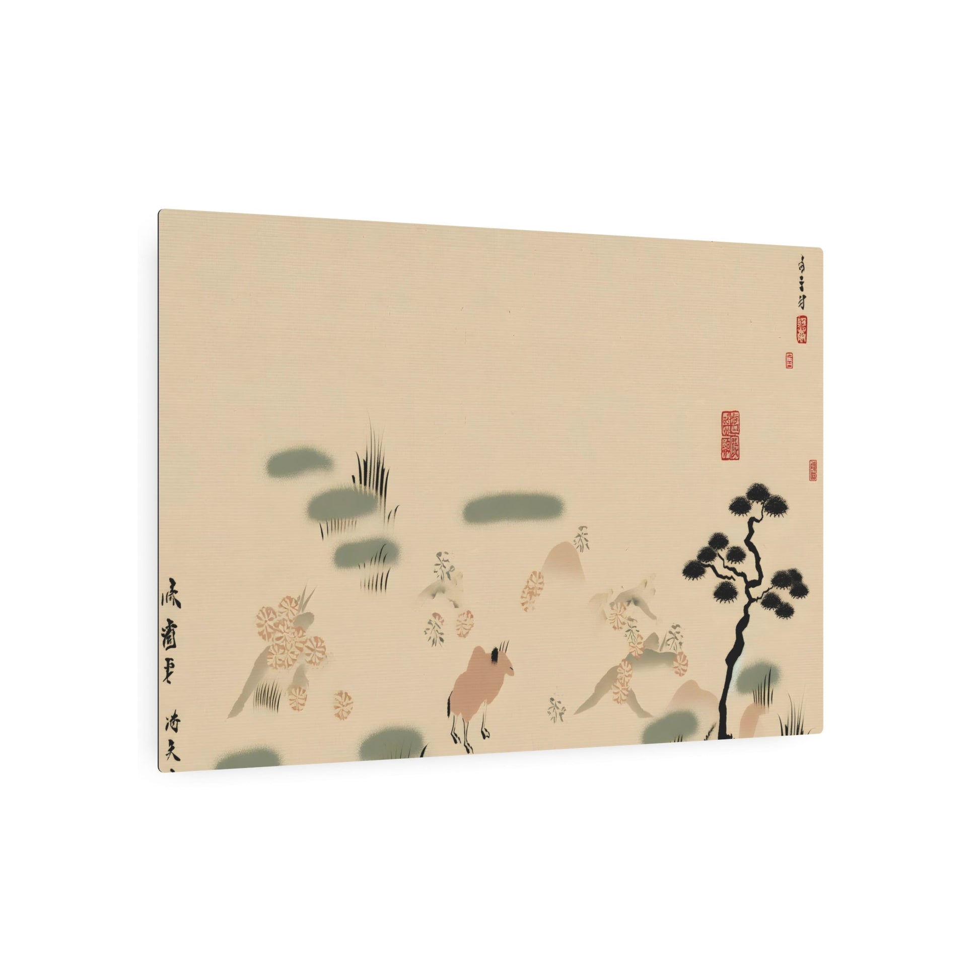 Metal Poster Art | "Elegant Kano School Inspired Japanese Painting: Simplistic Nature Scenes with Delicate Calligraphy and Abstract Animal Representations - Asian Art Styles" - Metal Poster Art 36″ x 24″ (Horizontal) 0.12''