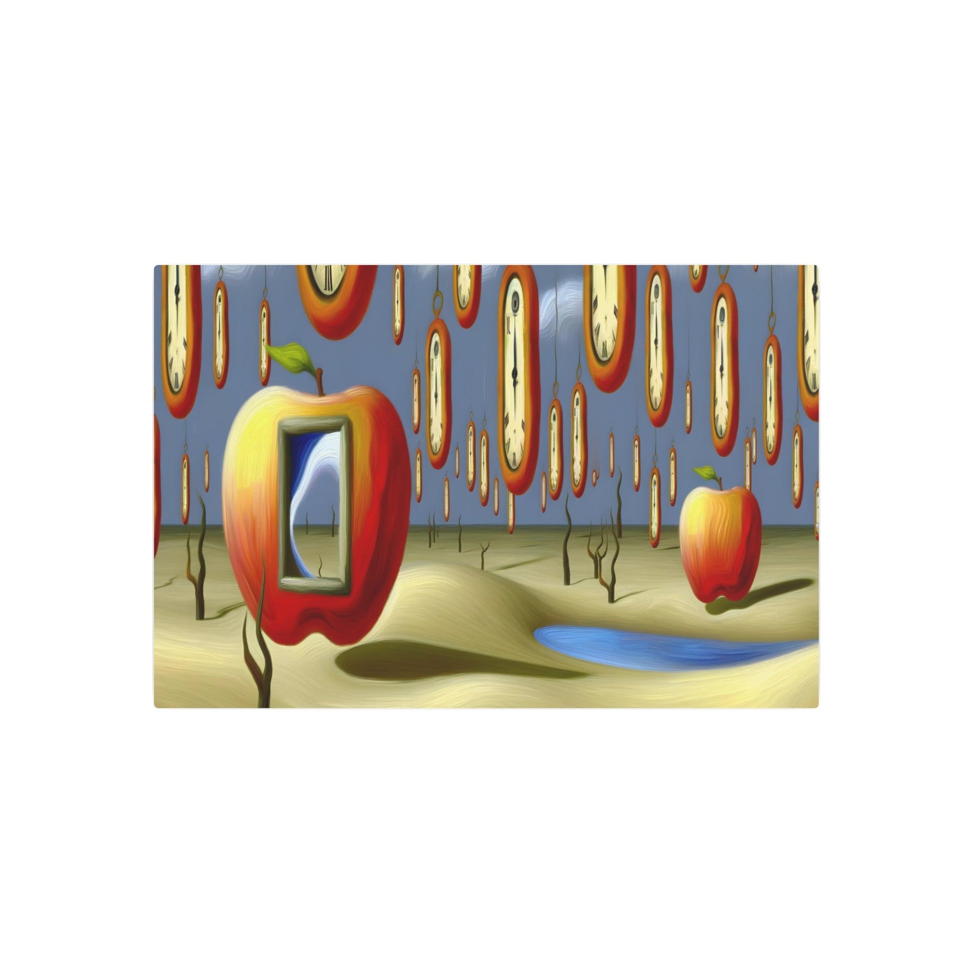Metal Poster Art | "Modern Surrealist Art Print: Salvador Dali Inspired Melting Clock Sky & Rene Magritte's Giant Apple - Dreamlike Abstract Contemporary Wall Decor" - Metal Poster Art 36″ x 24″ (Horizontal) 0.12''