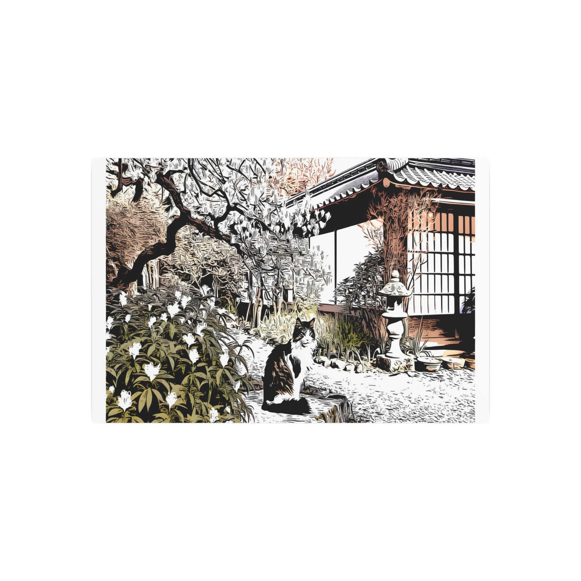 Metal Poster Art | "Graceful Kano School Japanese Art Inspired Cat in Natural Setting - Asian Art Styles Collection" - Metal Poster Art 36″ x 24″ (Horizontal) 0.12''