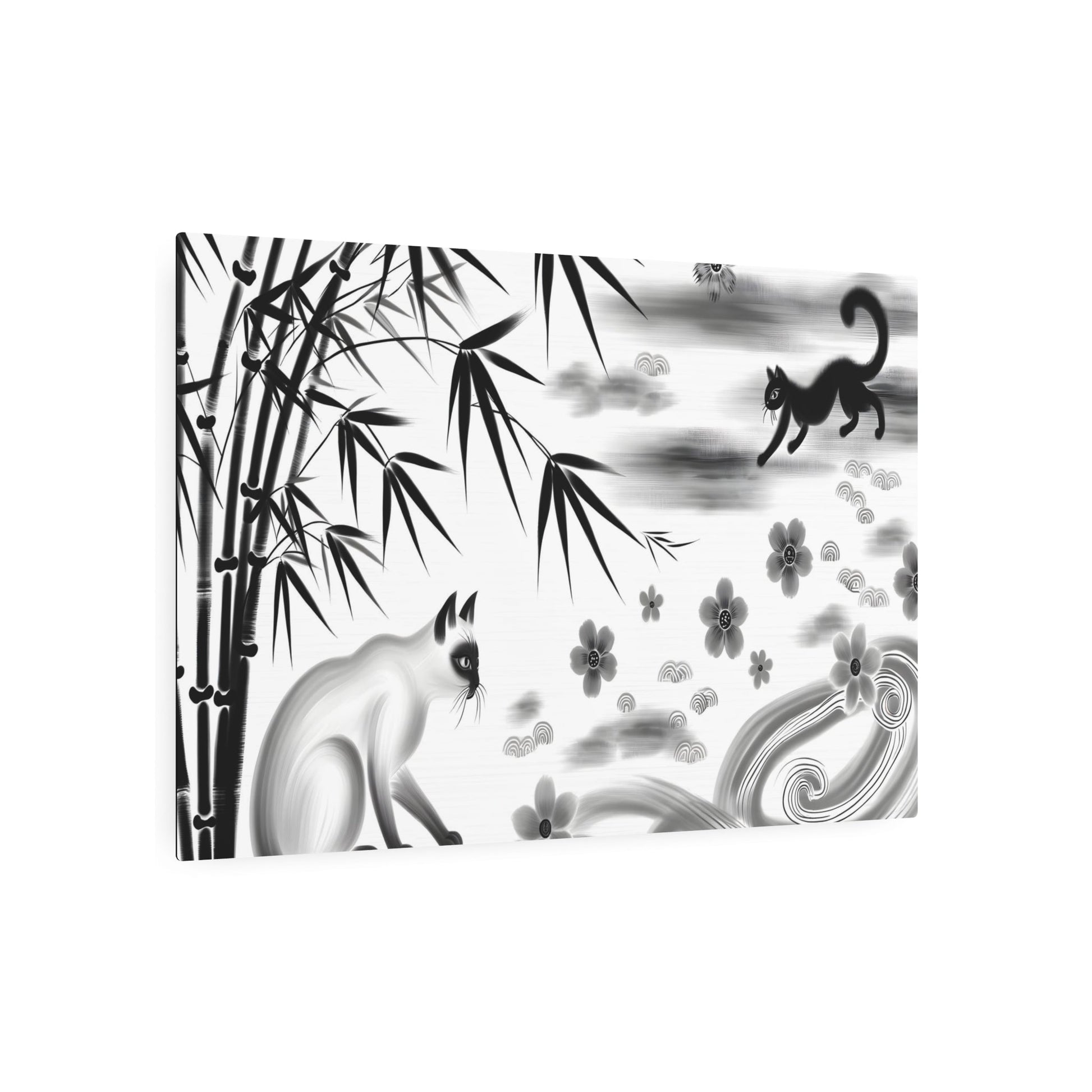 Metal Poster Art | "Chinese Silk Painting of Graceful Cat in Traditional Ink and Wash Style, Surrounded by Natural Elements Representing Yin and Yang - Sublime Asian Art - Metal Poster Art 36″ x 24″ (Horizontal) 0.12''