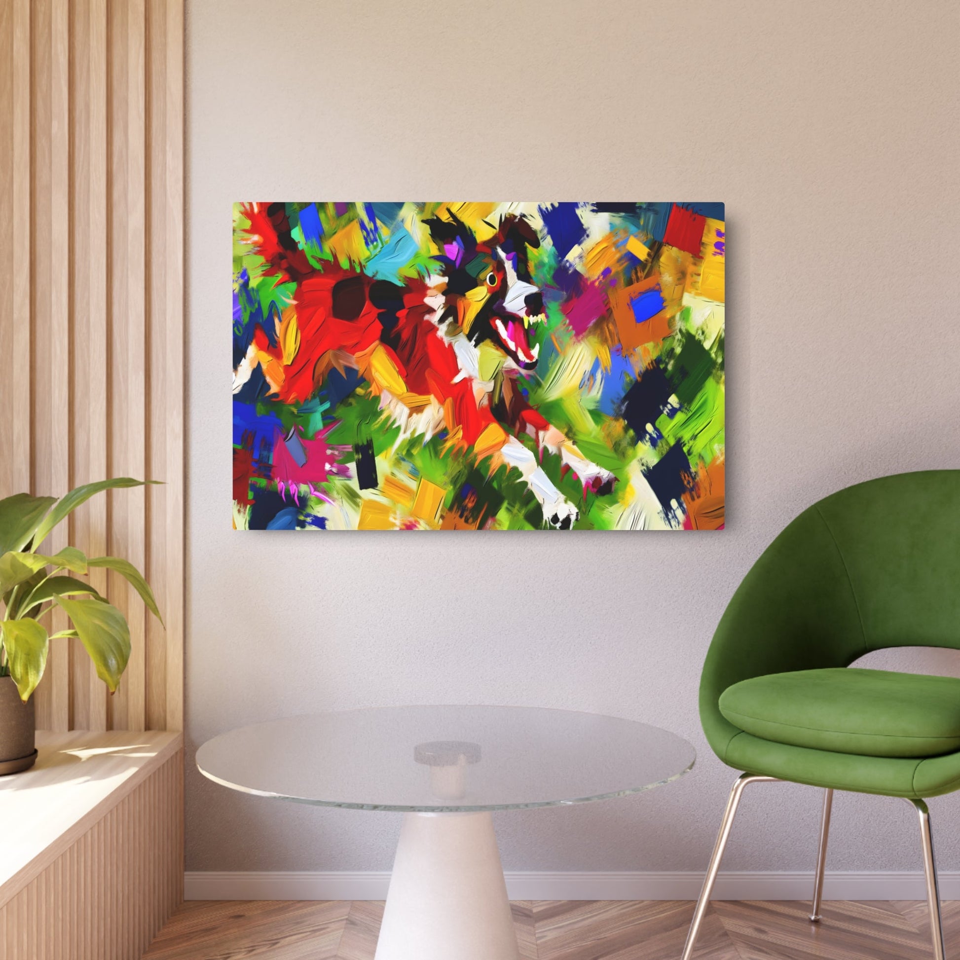 Metal Poster Art | "Playful Canine Energy: Vibrant Abstract Expressionist Artwork in Modern & Contemporary Styles, featuring Bold Brush Strokes and Contrasting Textures - Metal Poster Art 36″ x 24″ (Horizontal) 0.12''