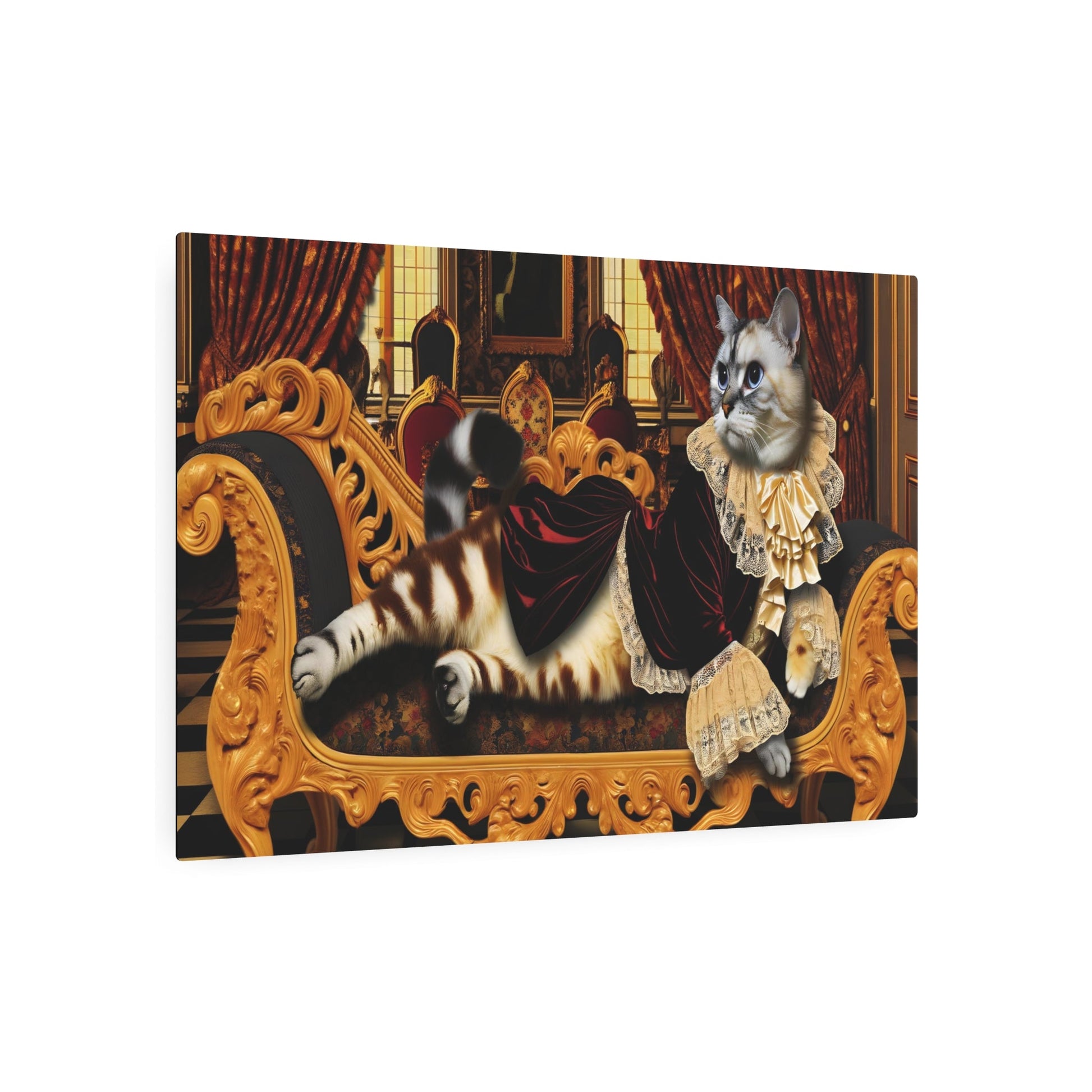 Metal Poster Art | "Rococo Art Style Cat Lounging in Extravagant Attire - Western Art Styles Category, Luxurious Velvet Drapes and Gold - Metal Poster Art 36″ x 24″ (Horizontal) 0.12''