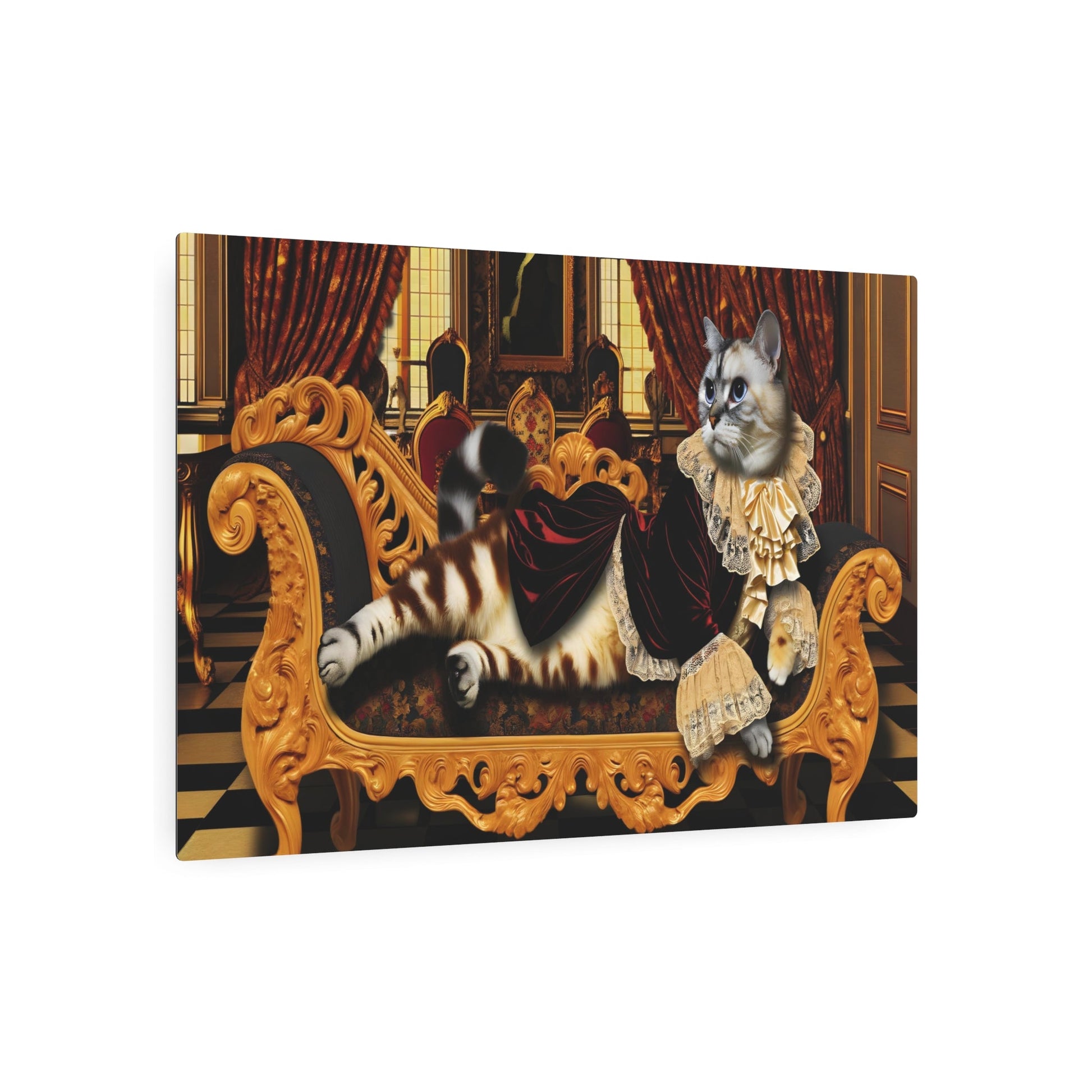 Metal Poster Art | "Rococo Art Style Cat Lounging in Extravagant Attire - Western Art Styles Category, Luxurious Velvet Drapes and Gold - Metal Poster Art 36″ x 24″ (Horizontal) 0.12''