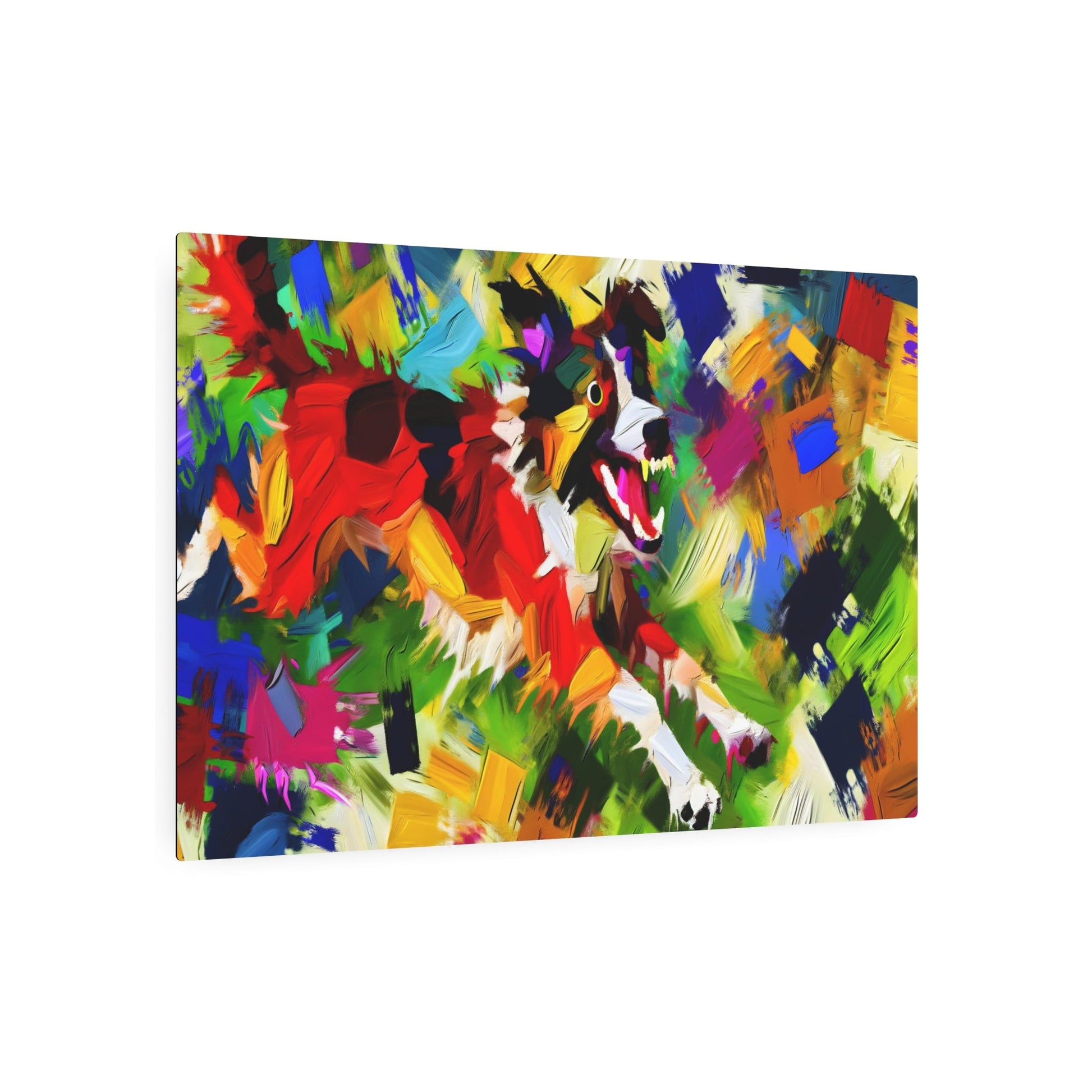 Metal Poster Art | "Playful Canine Energy: Vibrant Abstract Expressionist Artwork in Modern & Contemporary Styles, featuring Bold Brush Strokes and Contrasting Textures - Metal Poster Art 36″ x 24″ (Horizontal) 0.12''