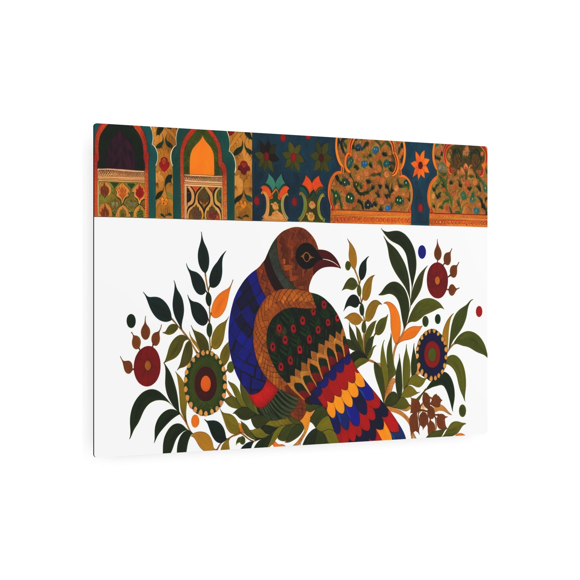 Metal Poster Art | "Mughal Miniature South Asian Art - Vibrant Bird-Centric Painting with Ornate Patterns and Architectural Details Reflecting Mughal Era Op - Metal Poster Art 36″ x 24″ (Horizontal) 0.12''