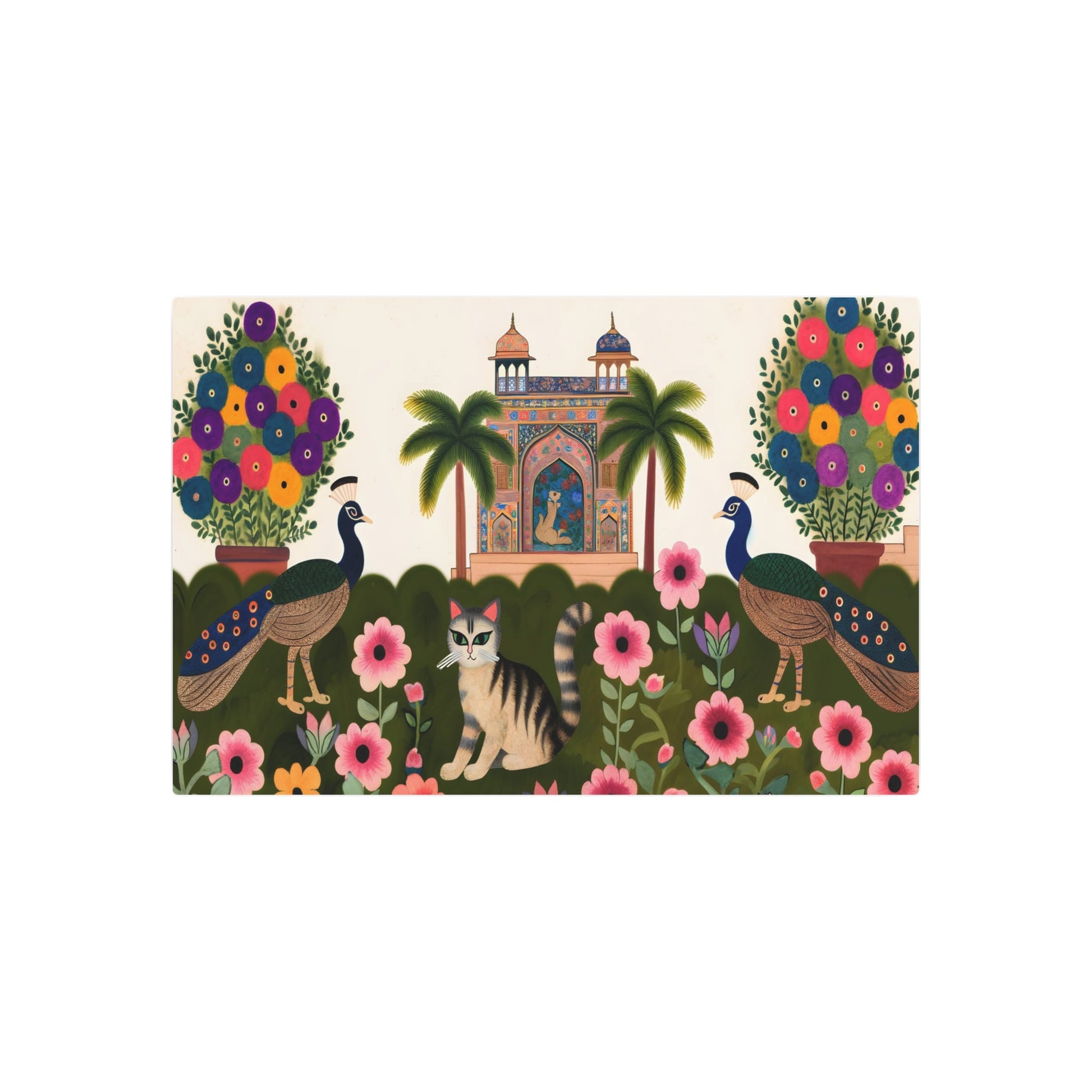 Metal Poster Art | "Mughal Miniature Art - Traditional South Asian Painting of Cat and Peacocks in a Blooming Garden with Architectural Designs" - Metal Poster Art 36″ x 24″ (Horizontal) 0.12''