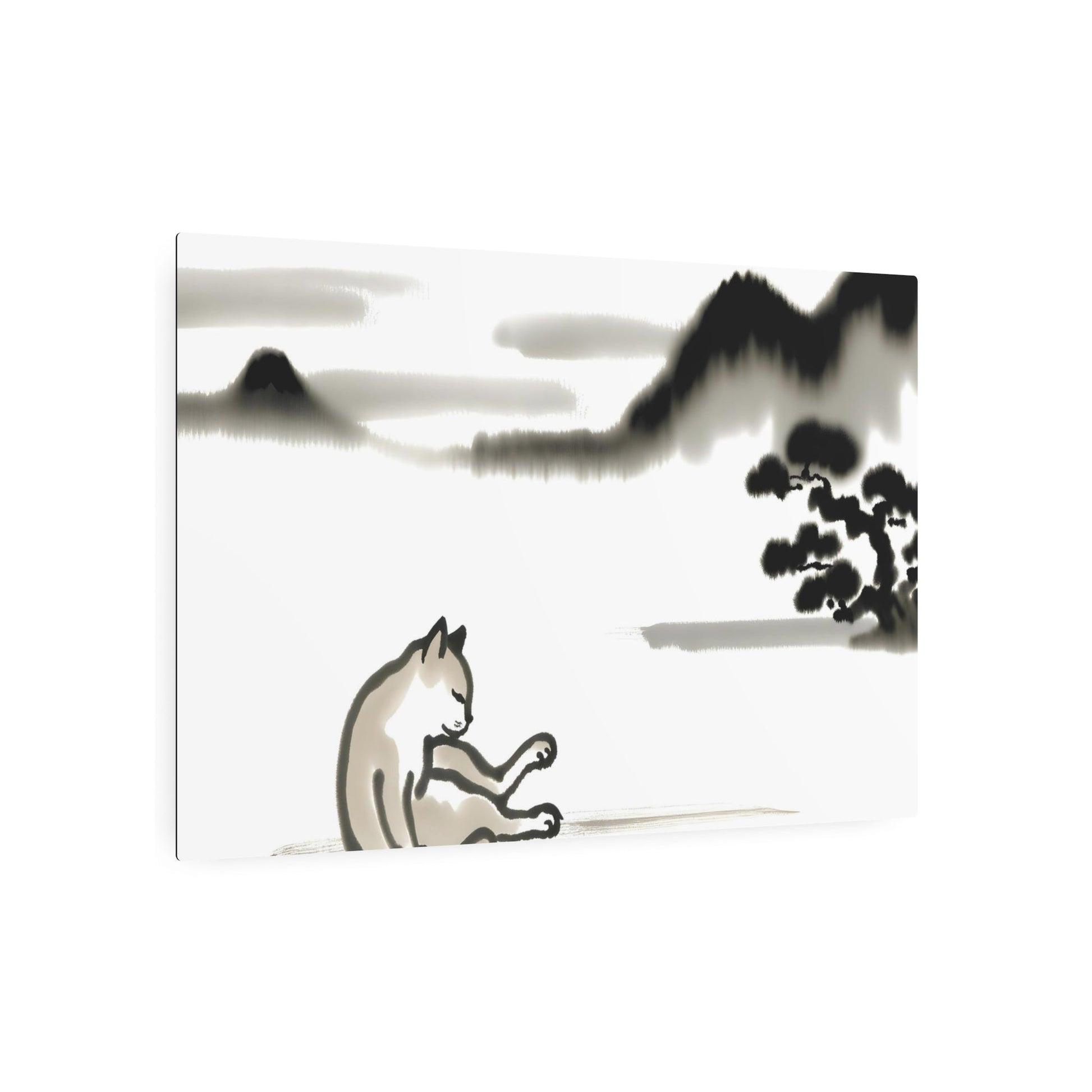 Metal Poster Art | "Sumi-e Japanese Ink Wash Painting - Serene Scene Featuring a Cat, Asian Art Styles Collection" - Metal Poster Art 36″ x 24″ (Horizontal) 0.12''