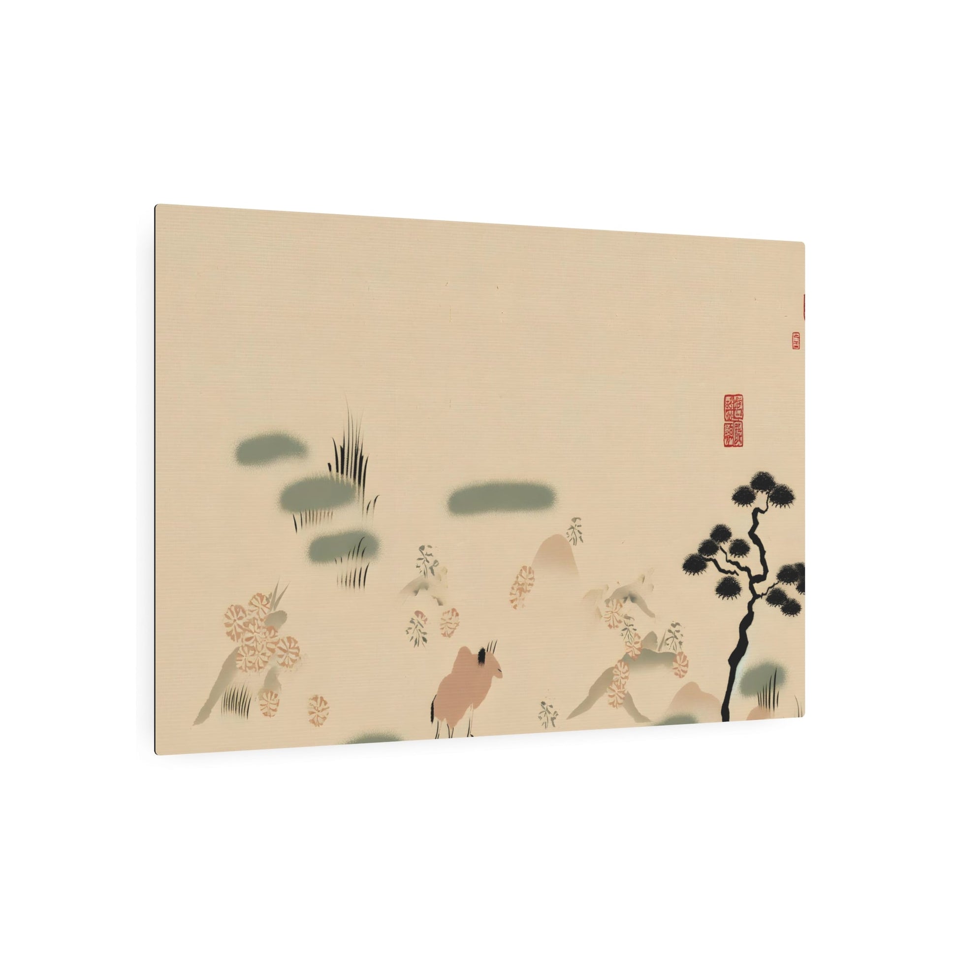 Metal Poster Art | "Elegant Kano School Inspired Japanese Painting: Simplistic Nature Scenes with Delicate Calligraphy and Abstract Animal Representations - Asian Art Styles" - Metal Poster Art 36″ x 24″ (Horizontal) 0.12''