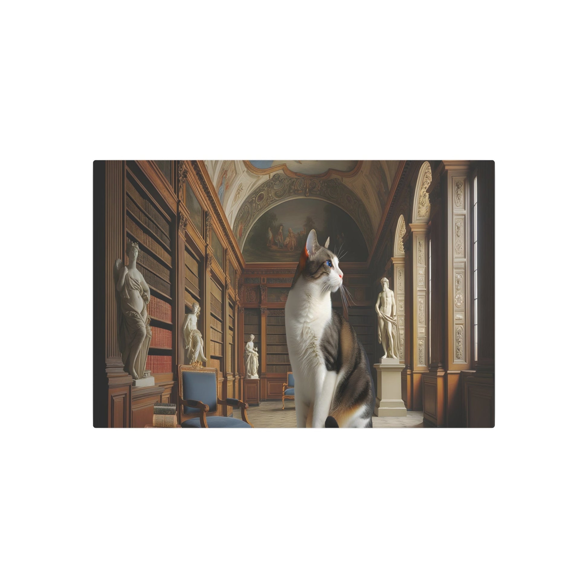 Metal Poster Art | "Neoclassical Majestic Cat Portrait in European Library Setting - Antique Furniture, Classical Artworks & Rich Tapestries - Heroic Style Western - Metal Poster Art 36″ x 24″ (Horizontal) 0.12''