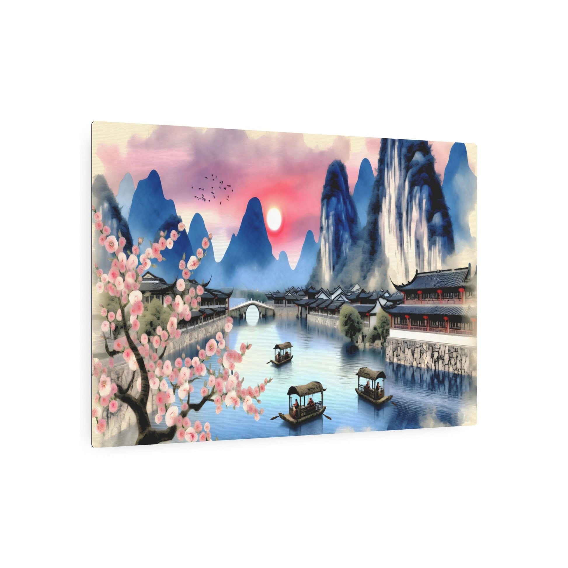 Metal Poster Art | "Traditional Chinese Landscape Watercolor Painting: Serene River, Majestic Mountains, Ancient Architecture, Cherry Blossoms - Inspired by Tang and Song Dynasty Art - Metal Poster Art 36″ x 24″ (Horizontal) 0.12''