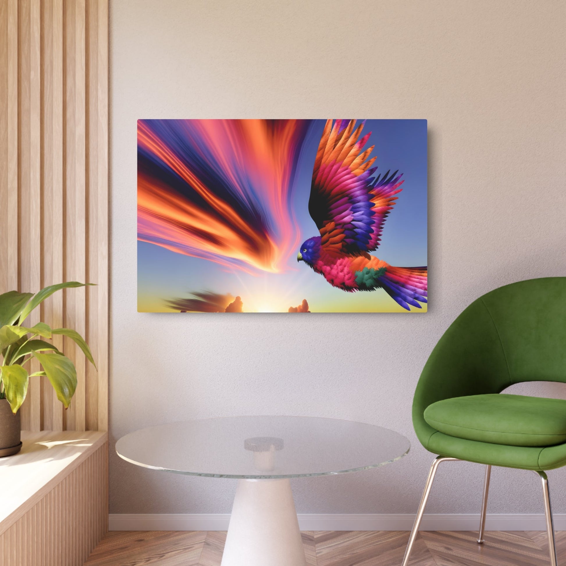 Metal Poster Art | "Vibrant and Graceful Bird Soaring at Sunset - Modern Digital Art in Contemporary Style with Realistic and Fantasy Elements" - Metal Poster Art 36″ x 24″ (Horizontal) 0.12''