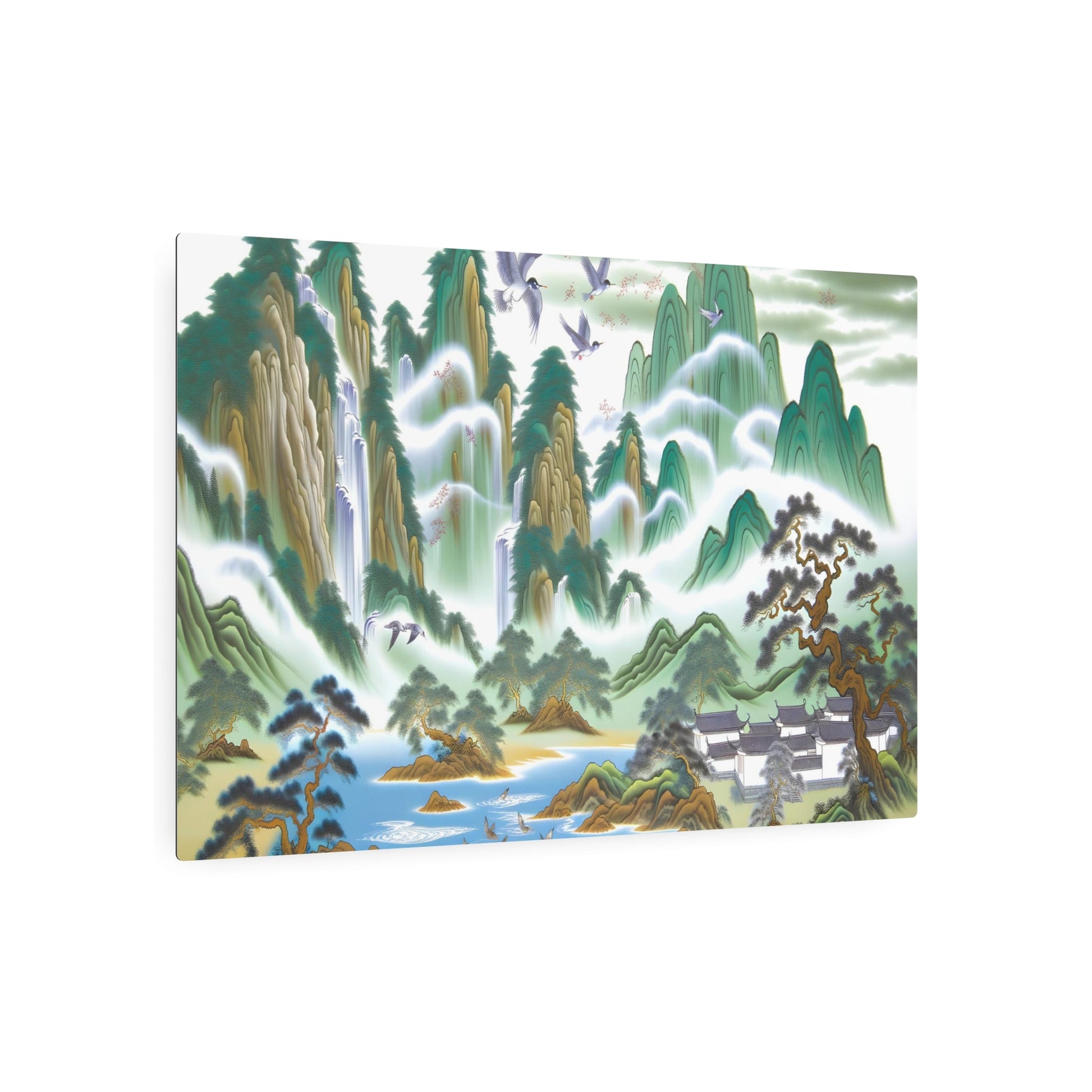 Metal Poster Art | "Traditional Chinese Landscape Painting featuring Mountains, Water, Trees, Houses and Birds - Intricate Asian Art Styles" - Metal Poster Art 36″ x 24″ (Horizontal) 0.12''