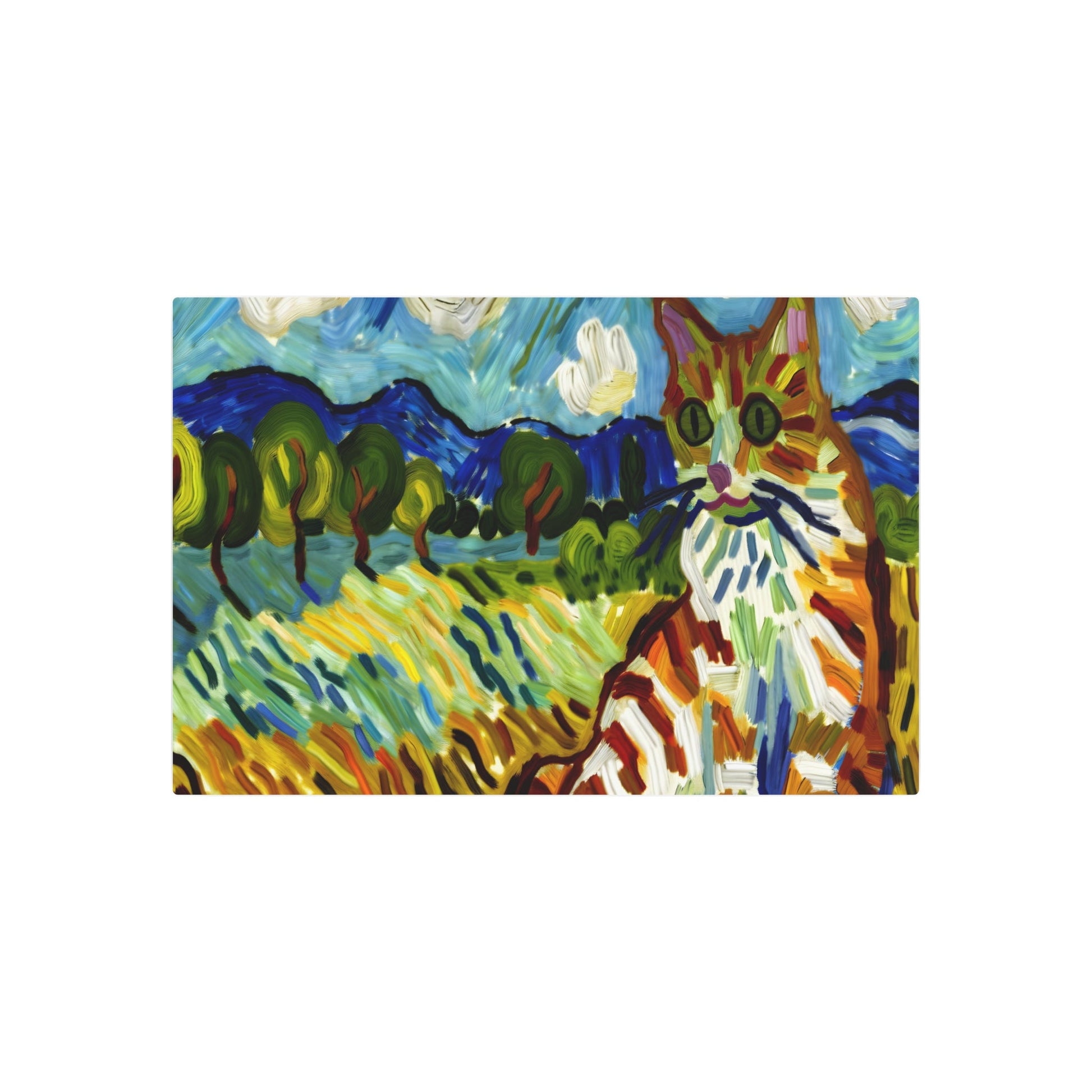 Metal Poster Art | "Post-Impressionism Inspired Colorful Cat Landscape - Western Art Styles Collection" - Metal Poster Art 36″ x 24″ (Horizontal) 0.12''