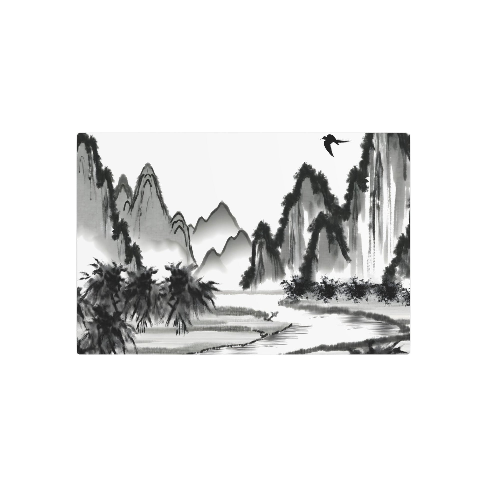 Metal Poster Art | "Traditional Chinese Landscape Art - Serene Countryside with Tall Mountains, Tranquil River, Lush Tree & Bird in Flight - Asian Art Styles Collection - Metal Poster Art 36″ x 24″ (Horizontal) 0.12''