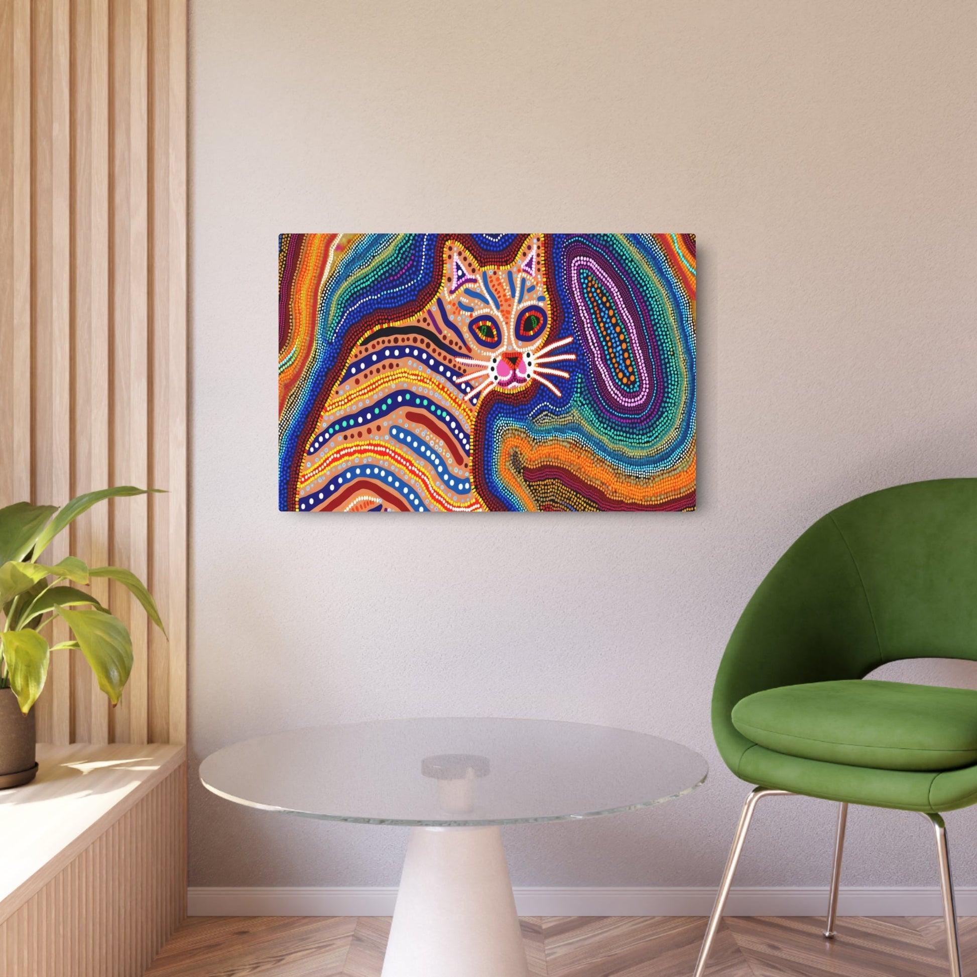 Metal Poster Art | "Australian Aboriginal Art Inspired Cat Image - Vibrant Non-Western & Global Styles" - Metal Poster Art 36″ x 24″ (Horizontal) 0.12''