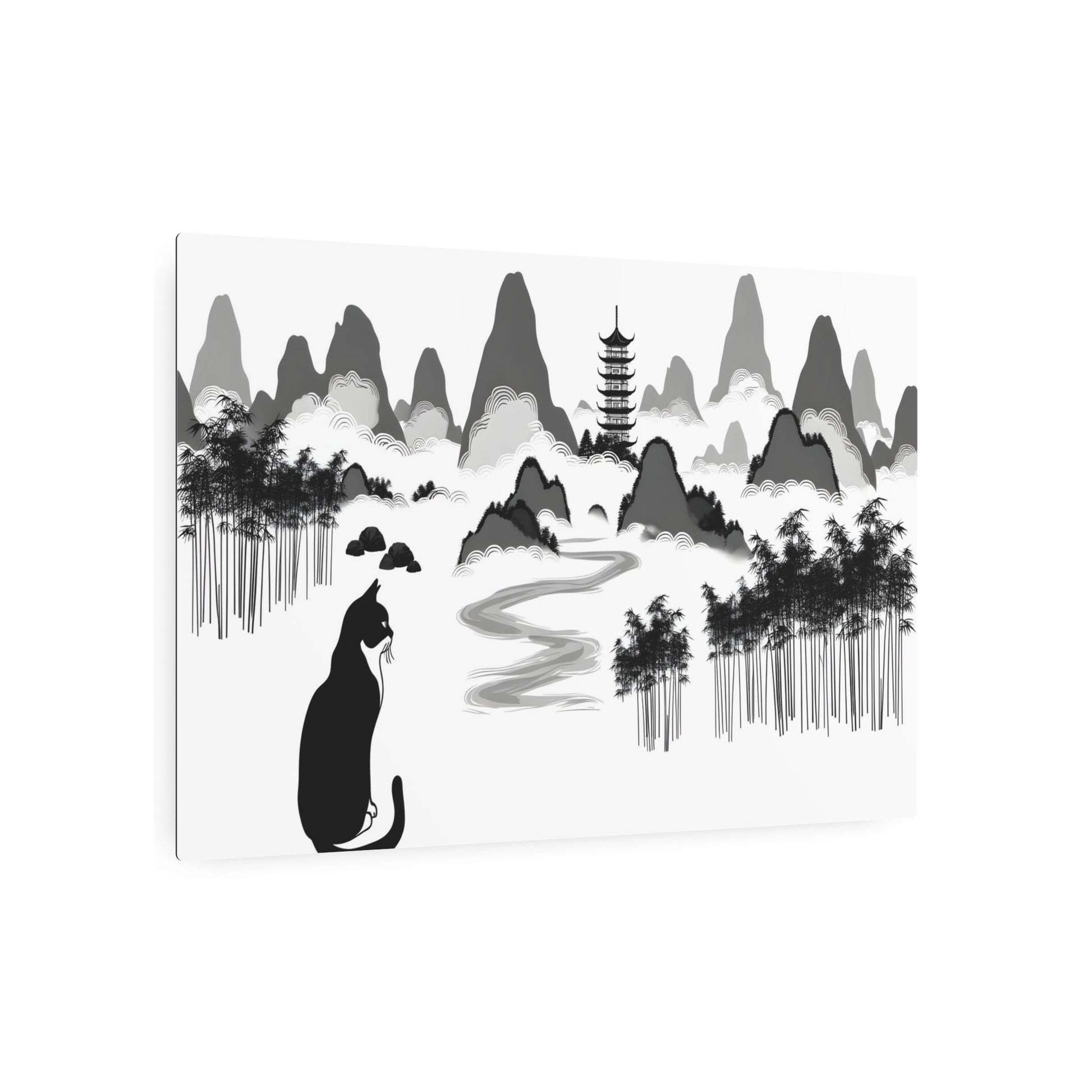 Metal Poster Art | "Graceful Chinese Ink Painting: Traditional Landscape Art Featuring Mountains, Rivers, Bamboo Trees, and Pagoda with Peaceful Cat - Asian Art Styles, - Metal Poster Art 36″ x 24″ (Horizontal) 0.12''